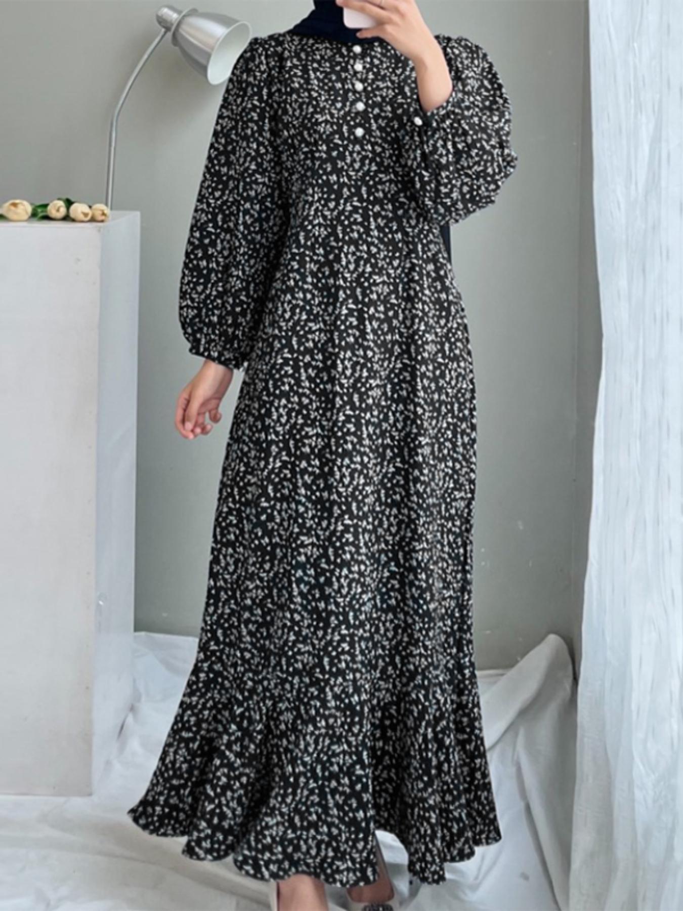 Women's Ditsy Floral Print Button Front Bishop Sleeve Ruffle Hem Flowy Long Dress, Casual Islamic Modest Style Clothing Modesty Wear Muslim Dress for Daily Wear Long Sleeve Dresses
