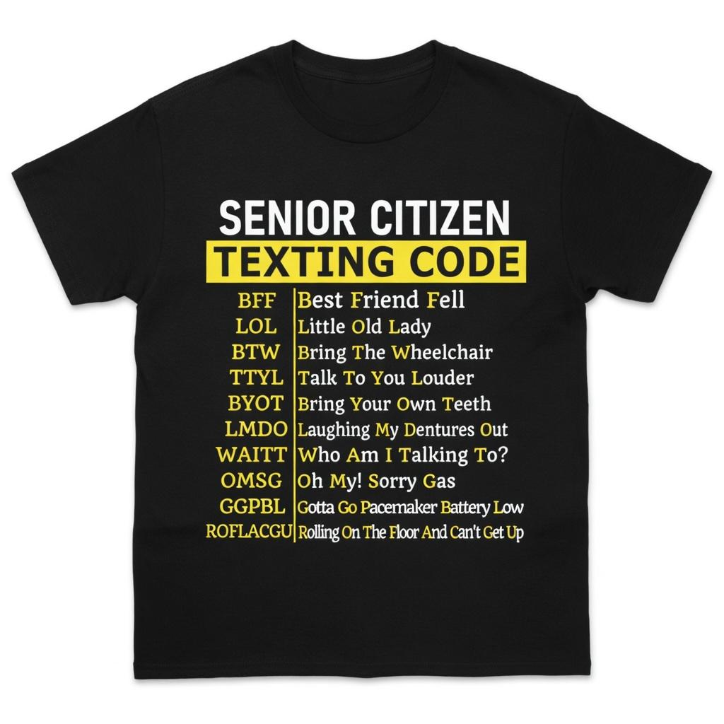 Senior Citizen Texting Code T-Shirt, Funny Grandparents Text Message Graphic Tee, Humorous Retired Life Short Sleeve Apparel, Aesthetic Silver Surfer & BFF Gift Fashion Top, Viral Trendy Yellow Logo Statement Streetwear Shirt