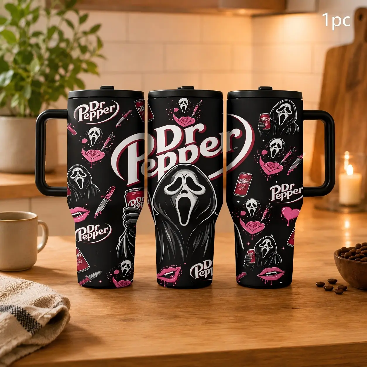 1PC 40oz  Horror Scream Mask Soda Can Heart Pattern Insulated Flask Tumbler with Handle & Straw, Leak-Proof Lid, Double Wall Vacuum Stainless Steel Travel Mug, Hot 12H Cold 24H, Large Capacity Cup for Men and Women, Halloween Gift