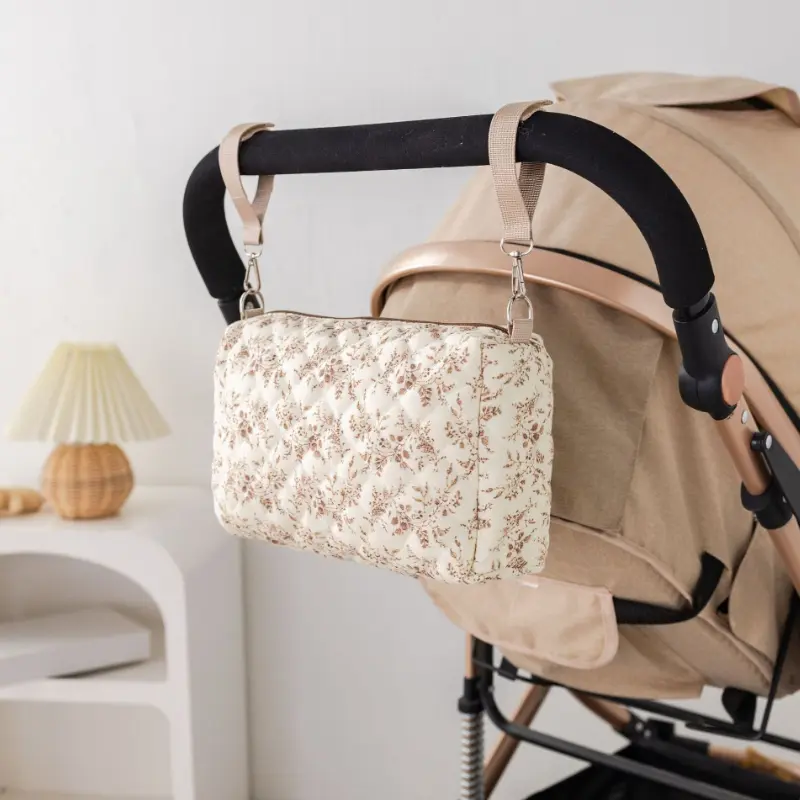 Quilted Floral Stroller Organizer Bag, Lightweight Portable Hanging Mommy Bag for Travel, Car Use & On-the-Go Baby Essentials, Baby Accessories