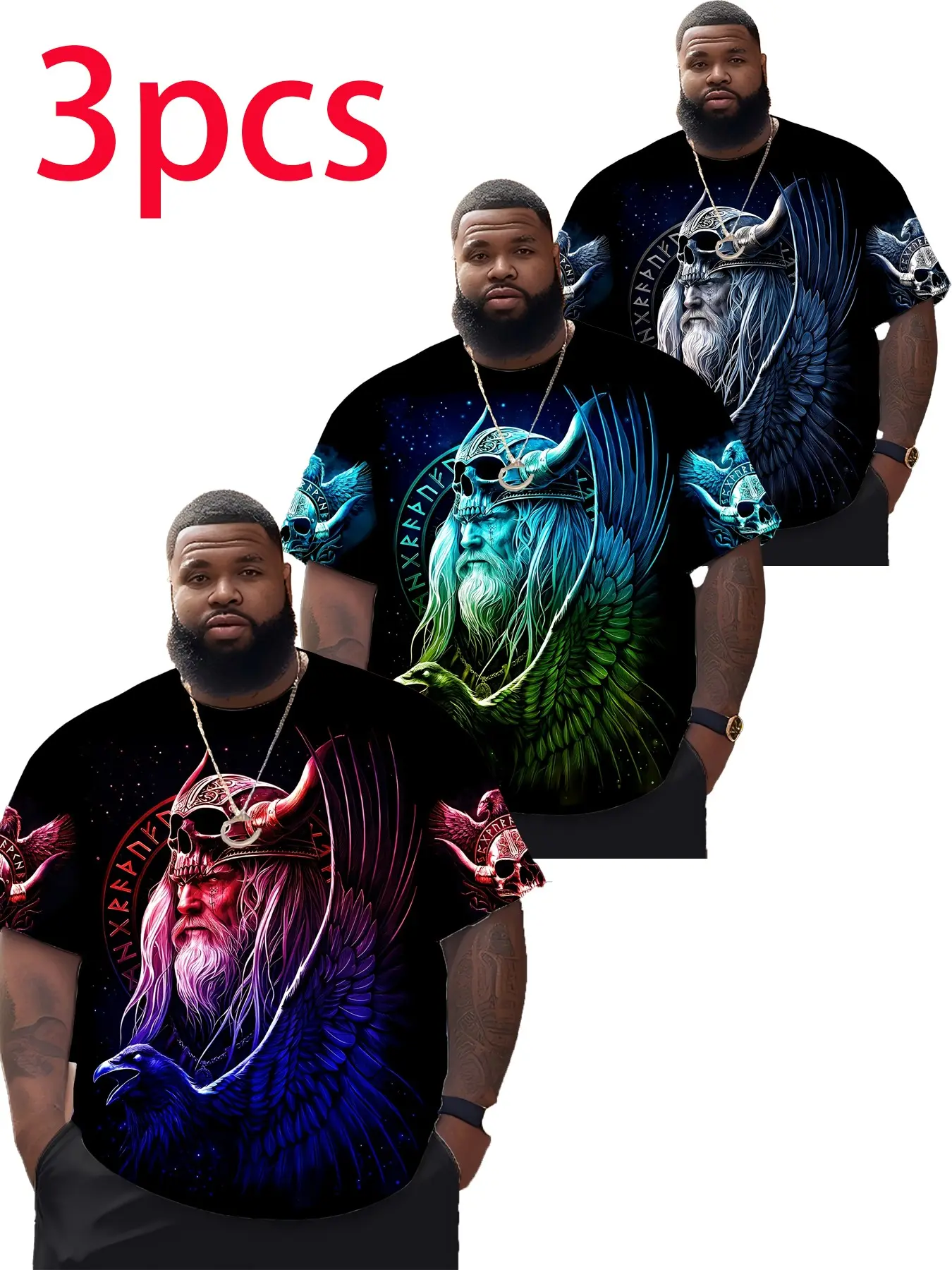 3-Piece Norse Mythology Odin God 3D Full-Print Short Sleeve Set, Plus Size Men's Retro Streetwear Breathable Casual T-Shirts