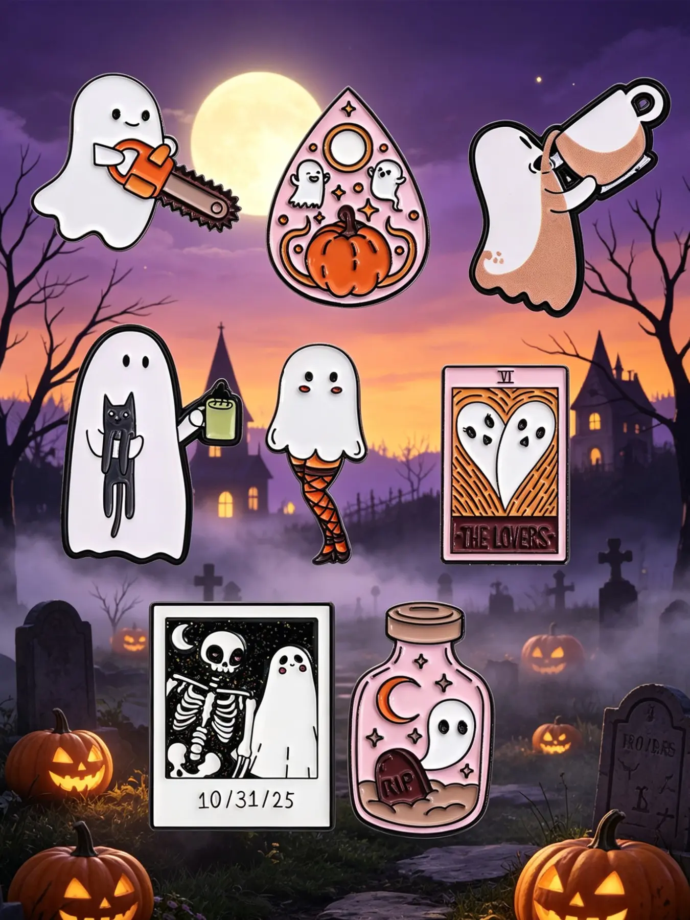 8 Cute Cartoon Ghost Enamel Pins Set, Funny Halloween Pumpkin Skull Tarot Brooches, Gothic Gift for Women Girls, Backpack Clothing Hat Accessories