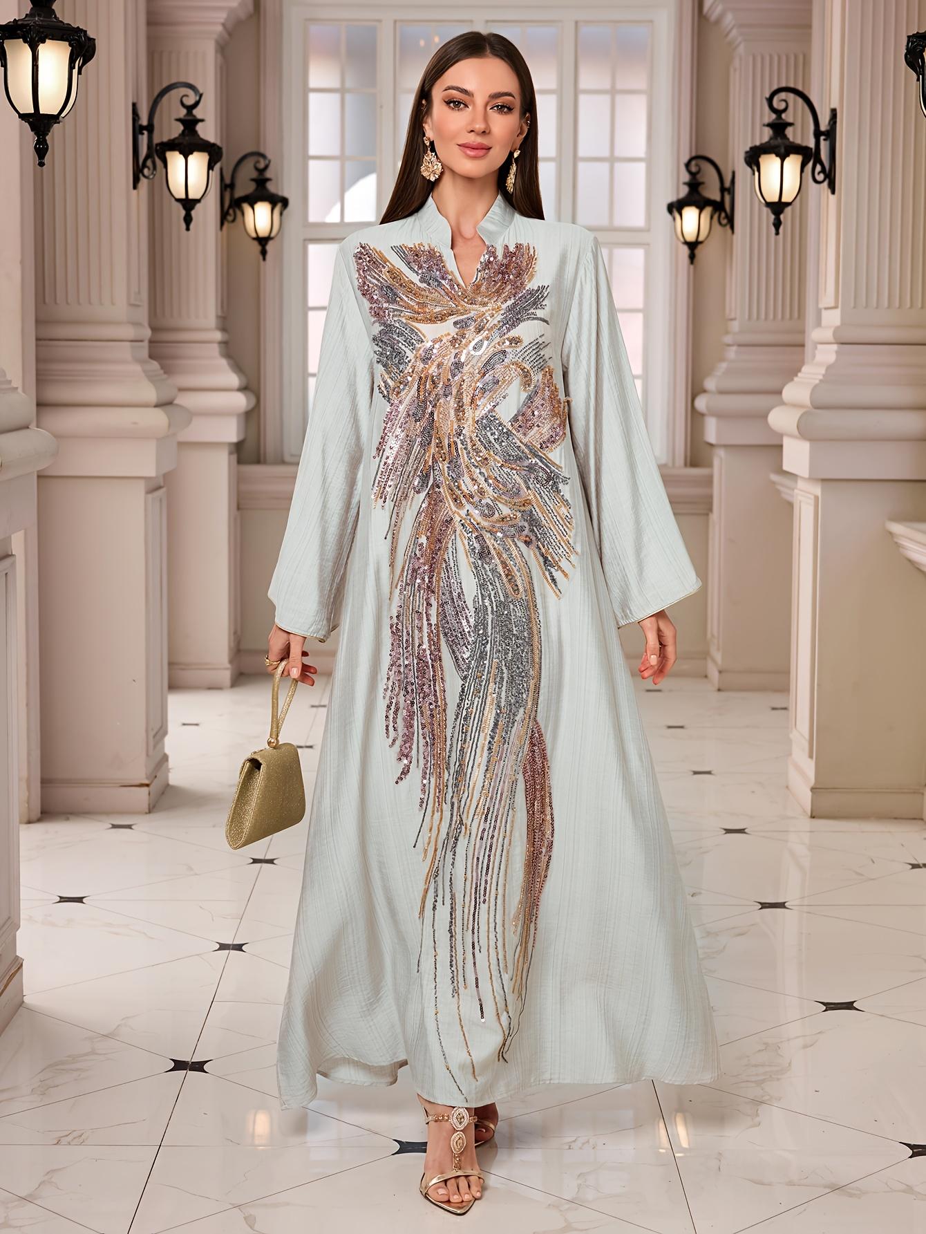 Ramadan Middle East Muslim New Style Robe with Beaded Sequin Embellishments from Chest to Hem, Heavy Print Dress for Daily Gatherings and Festivals