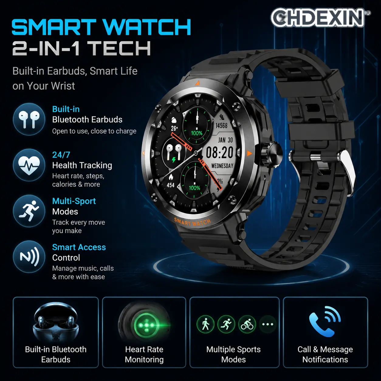 Ghdexin Durable Men's Digital Rugged Wireless Workout Wristwatch with Built-in Bluetooth Earbuds, 24/7 Health Monitor, Custom Faces, Textured Buttons