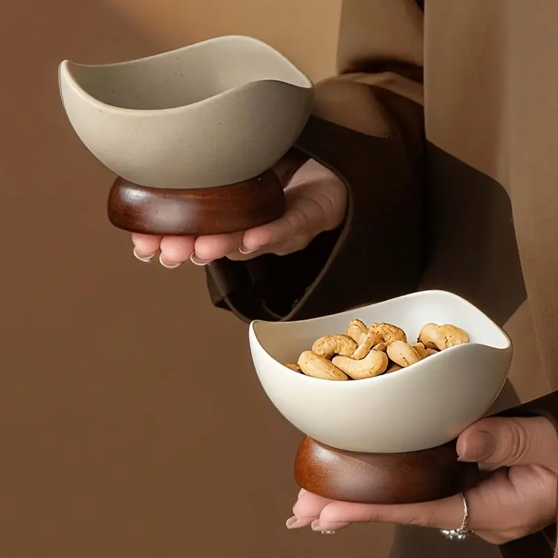 2 Pack Ceramic Snack Bowls with Wooden Base, Japanese Style Dessert Bowls for Nuts, Candy, Fruit and Appetizers, Small Serving Bowls for Home Kitchen, Coffee Table, Tea Room and Restaurant