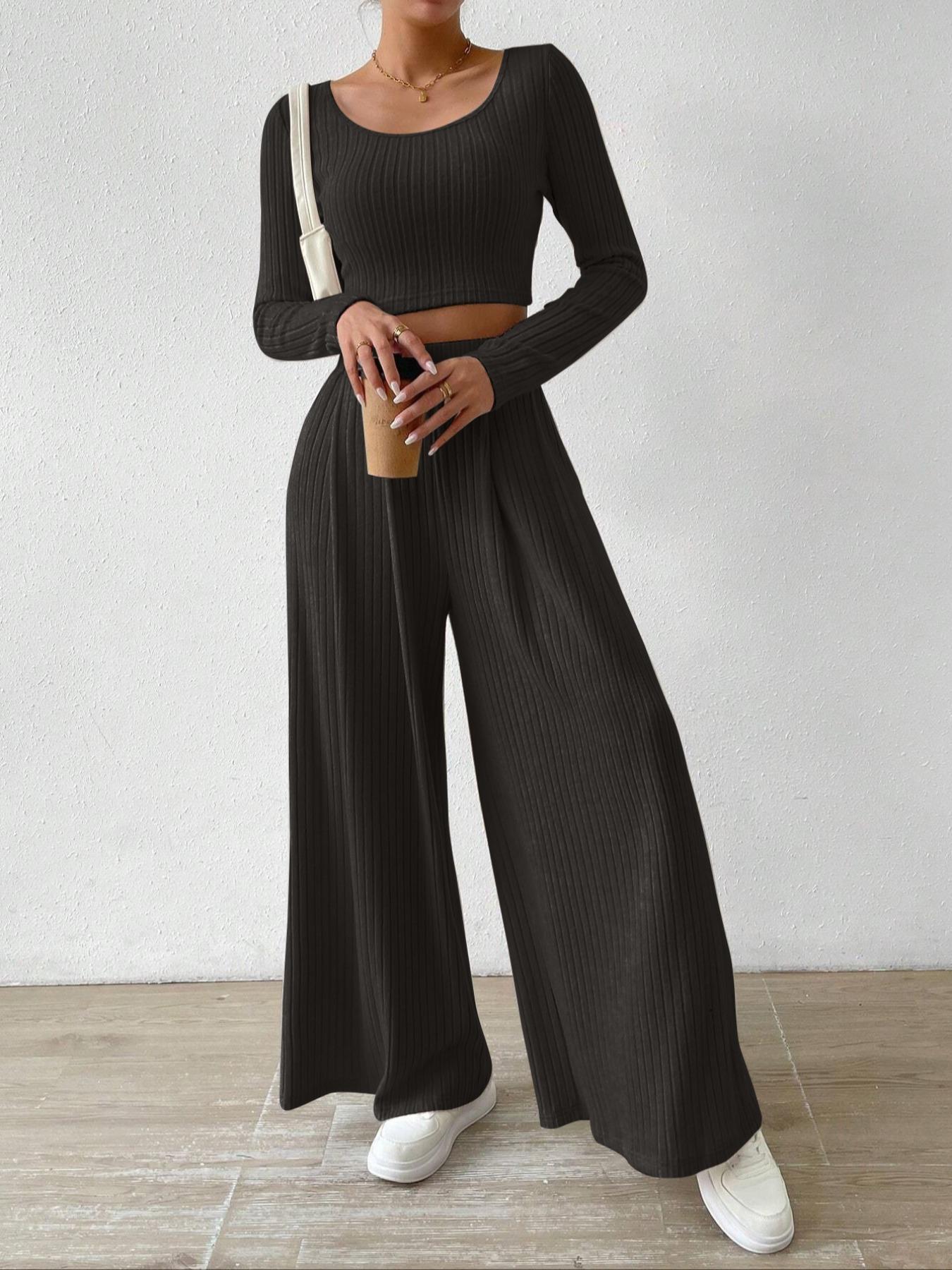 Women's Solid Ribbed Crop Tee & Loose Wide Leg Pants Two-Piece Set, Casual Long Sleeve Scoop Neck Top & High Waist Trousers for Fall & Winter, Women's Clothes for Daily Wear, Womenswear