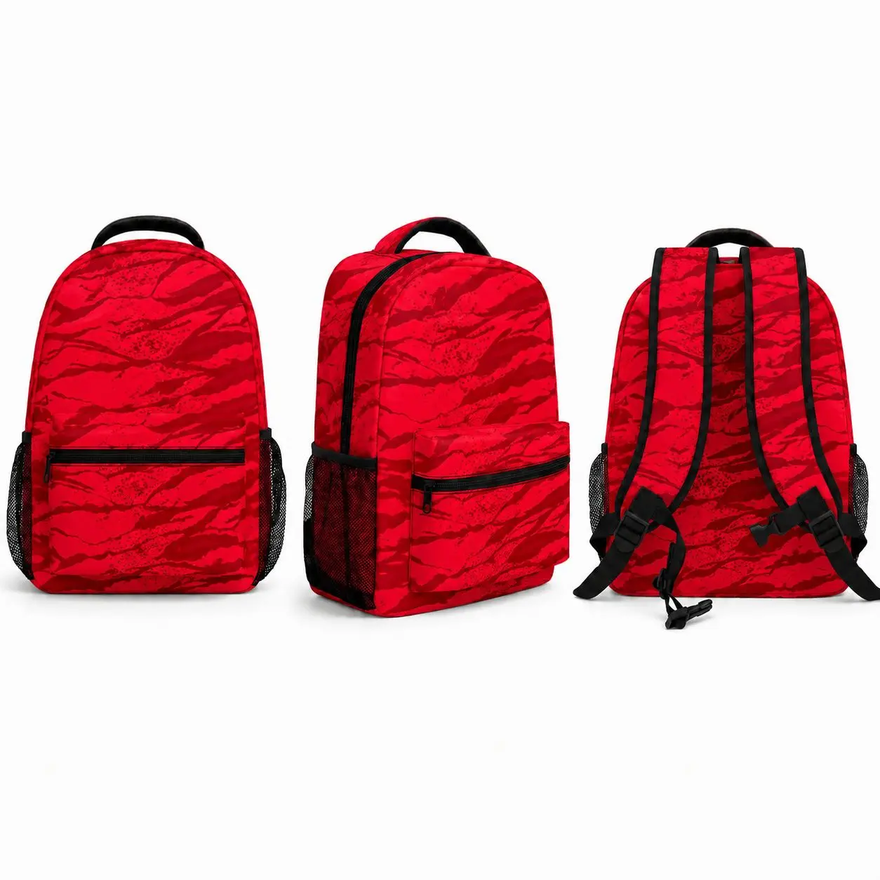 Red Abstract Camo Print School Backpack for Kids Boys Girls, Bold Graphic Bookbag with Front Zipper Pocket, Dual Side Mesh Pockets and Top Handle, Aesthetic Elementary Middle School Student Daypack for Back to School, Classroom, Travel and Daily Use