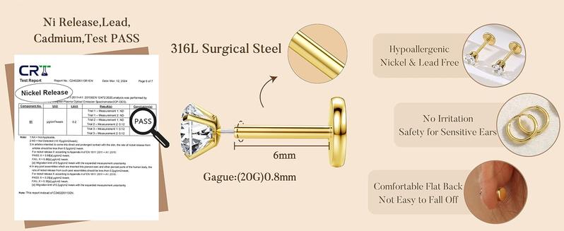 Exquisite Small Flat Back Earrings,Push in Stud Earrings for Women Men,Hypoallergenic 14K Gold Plated Surgical Stainless Steel Threadless Earring,Flatback Stud Hoop Cartilage Earring Set for Multiple Piercing