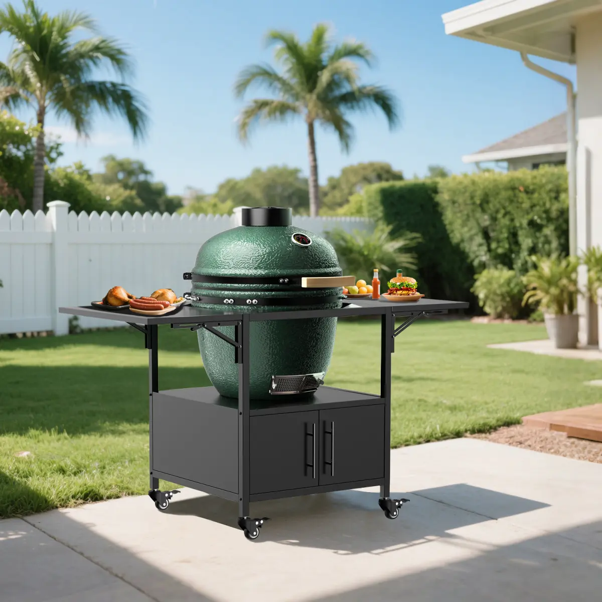 Sturdy Iron Freestanding Barbecue Grill Cart - 59.3x27.6x31.0in, 55.55lbs Capacity, 2 Foldable Shelves, 2-Piece Grills Compatibility, Braked Lockable Casters, Easy Assembly with Manual, Fits Large Big Green Egg/Kamado Joe Jr, Indoor or Outdoor Use