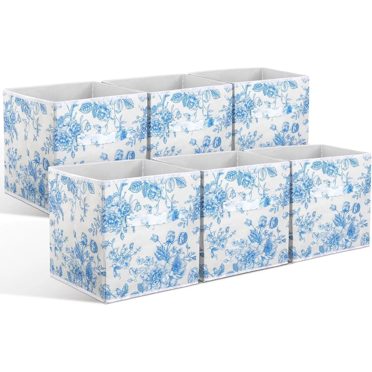 6 Pcs Blue Floral Cube Storage Bins 11 Inch Blue Flower Storage Basket with Handle, Preppy Girls Organizer Basket, Collapsible Fabric Box for Classroom Bedrooms Office Home Decoration Gift