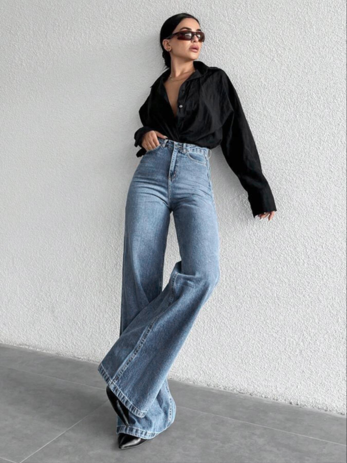 Baggy Pants for Women, Casual High Waist Wide Leg Button Jeans, Comfortable Stretch Denim, Trendy Streetwear Style, Perfect for Daily Wear