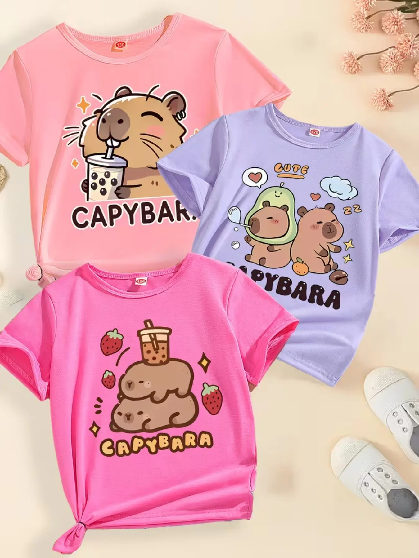 3-Piece Set Kids' Casual Fitted T-Shirts, Animal Graphic Tee, Cute Capybara All-Over Print, Short Sleeve Tops for Daily & Outdoor Wear, Spring Summer Fall