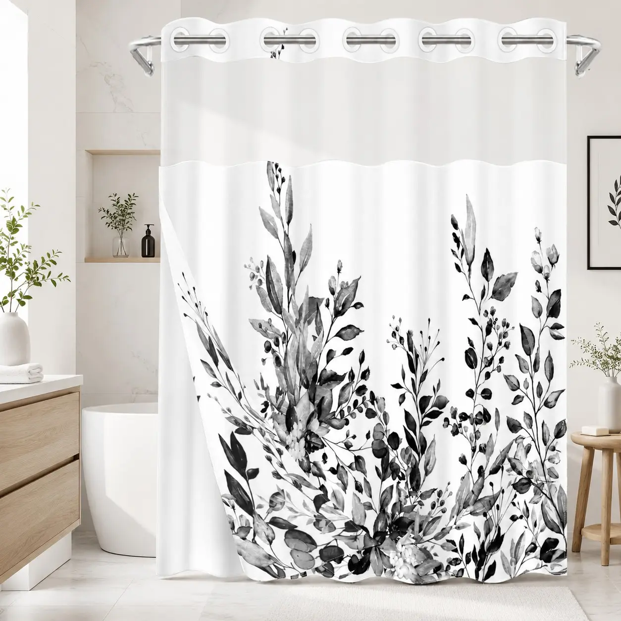 1 Pc Hookless Double Layer Decorative Shower Curtain with Snap-in Liner, Black White Watercolor Botanical Leaf Print, Waterproof & Mold Resistant Bath Curtain with Mesh Top Window, Minimalist Farmhouse Bathroom Decor for Apartment Home Hotel Dorm