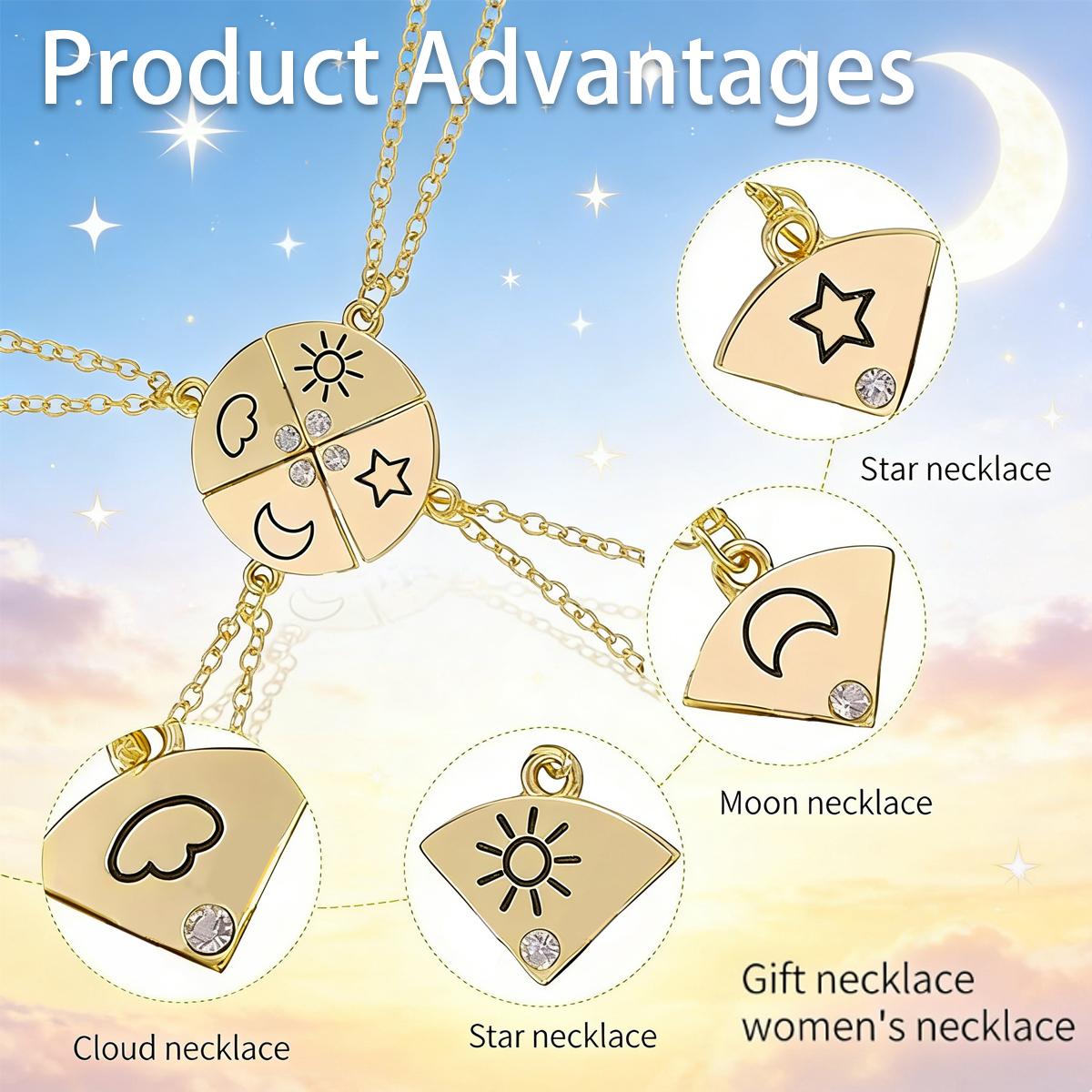 Sun, Moon, & Star Magnetic Necklace Set for 3, Sun Moon Star Cloud Magnetic Necklace Set for 4,Puzzle Design BFF Jewelry for Best Friends & Sisters Ideal Friendship Gift with Rhinestone Detail Perfect for Birthday, Anniversary, Valentine's Day
