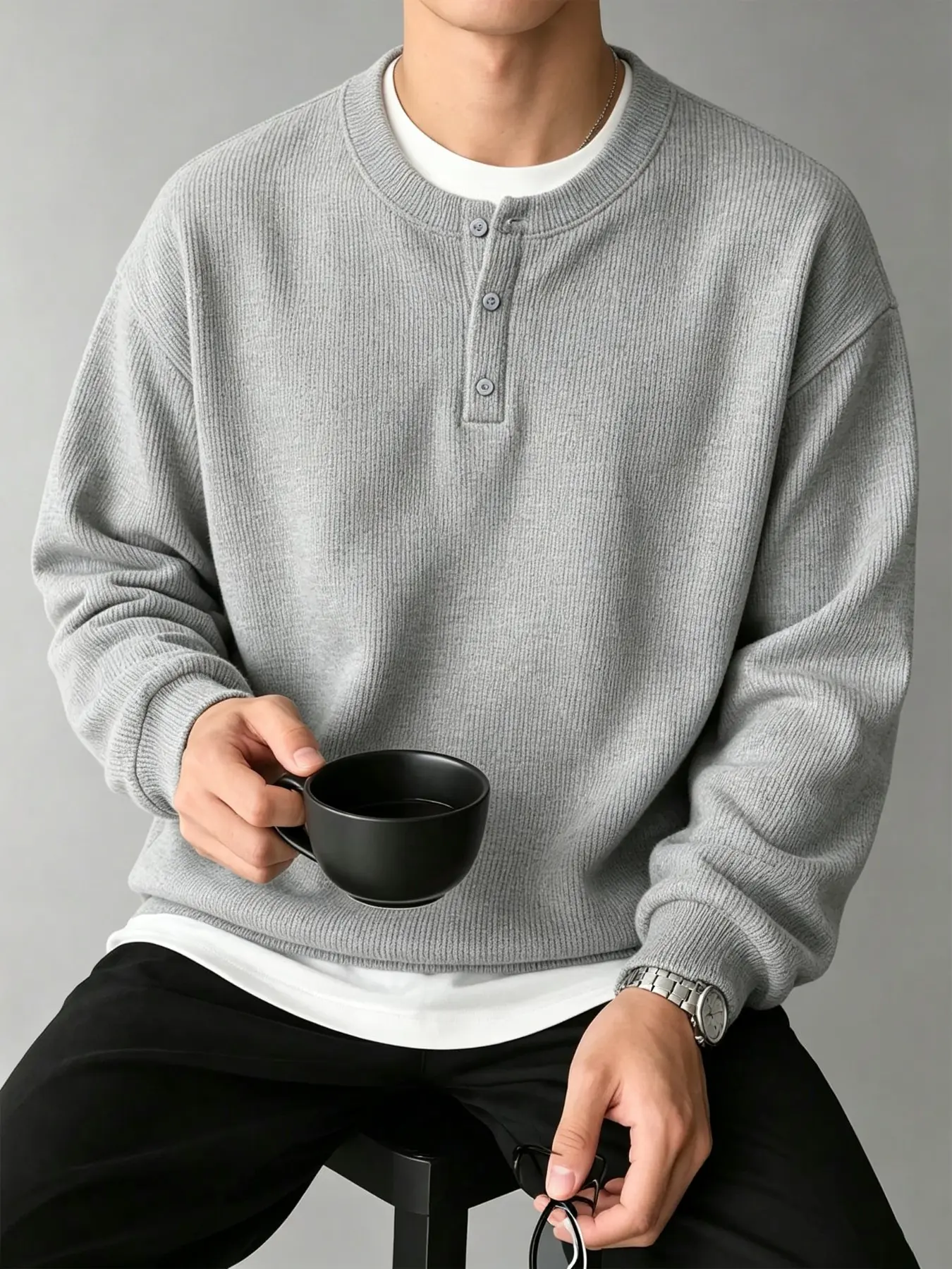 Unisex Lightweight Knit Sweater, Plain Three-Button Henry Neck, Loose Long Sleeve, Breathable Layering Top, Casual Office Wear, Multiple Colors Available