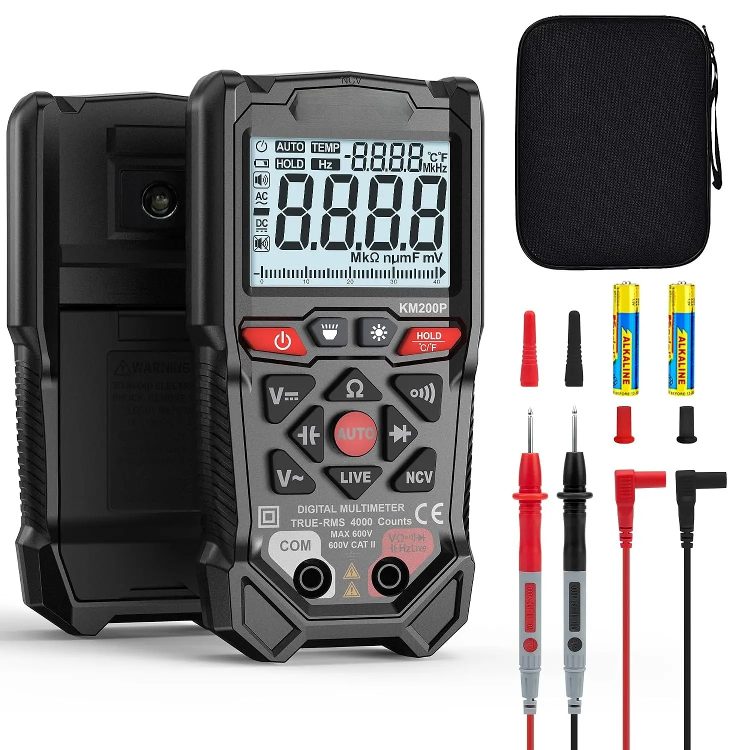 KM200P Digital Multimeter with Test Leads, Button-Operated TRMS Auto-Ranging 4000 Counts Device, NCV Voltmeter Ohmmeter for Appliance Repair, Accurate Measures of Resistance, Continuity, Capacitance for Beginner Pro, Aaa