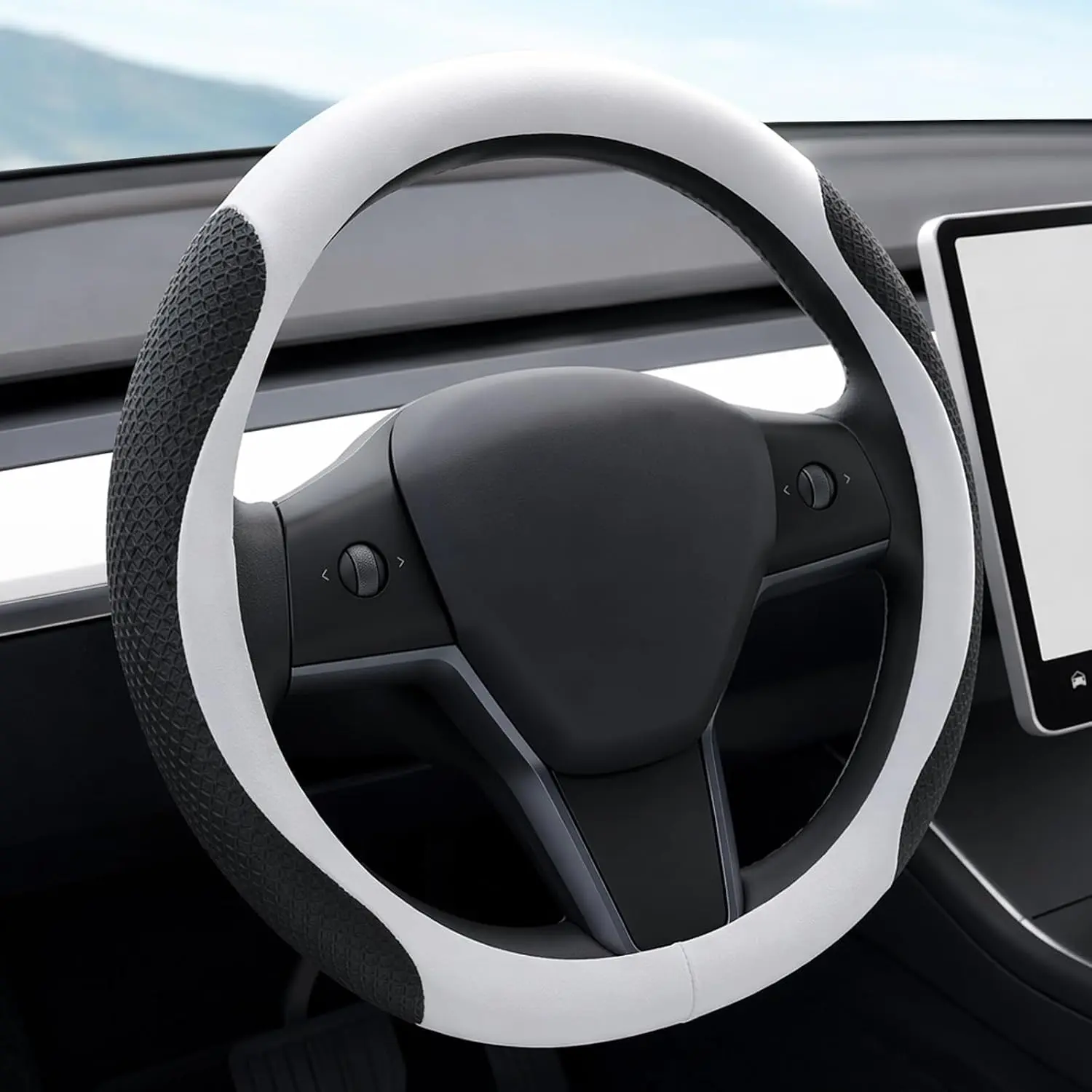 Tesla Leather Steering Wheel Cover, Model 3/Y Accessories, Comfort Grip, Anti-Slip Breathable, Compatible with Tesla Model 3/Y Steering Wheel Protector (White)