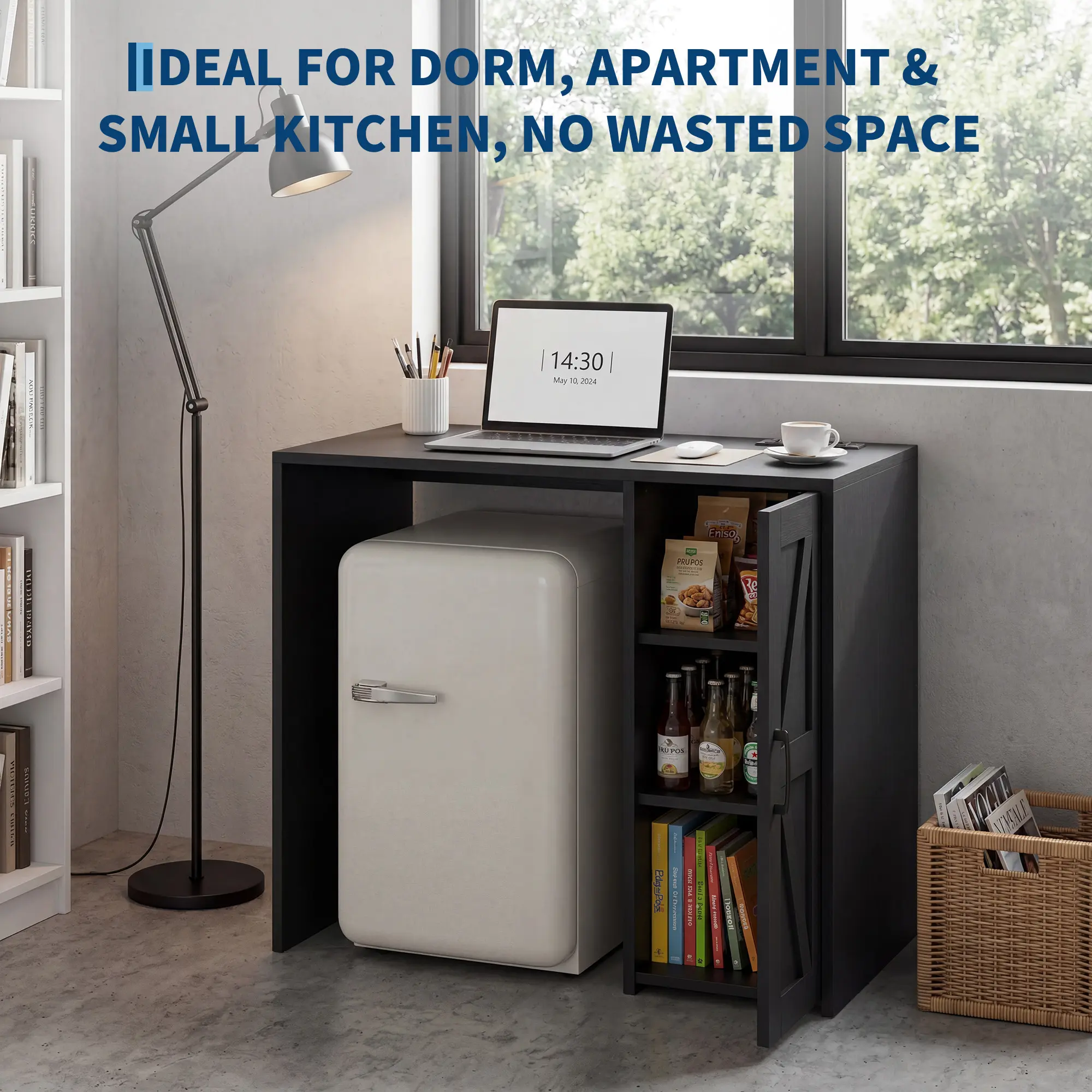 Garvee Over-the-Fridge Storage Cabinet Stand for Mini Fridge, 37.4" Wide Coffee Bar Organizer Shelf, Barn Door, Built-In Power Outlet, Fits Up to 24" Compact Refrigerator - White/Black