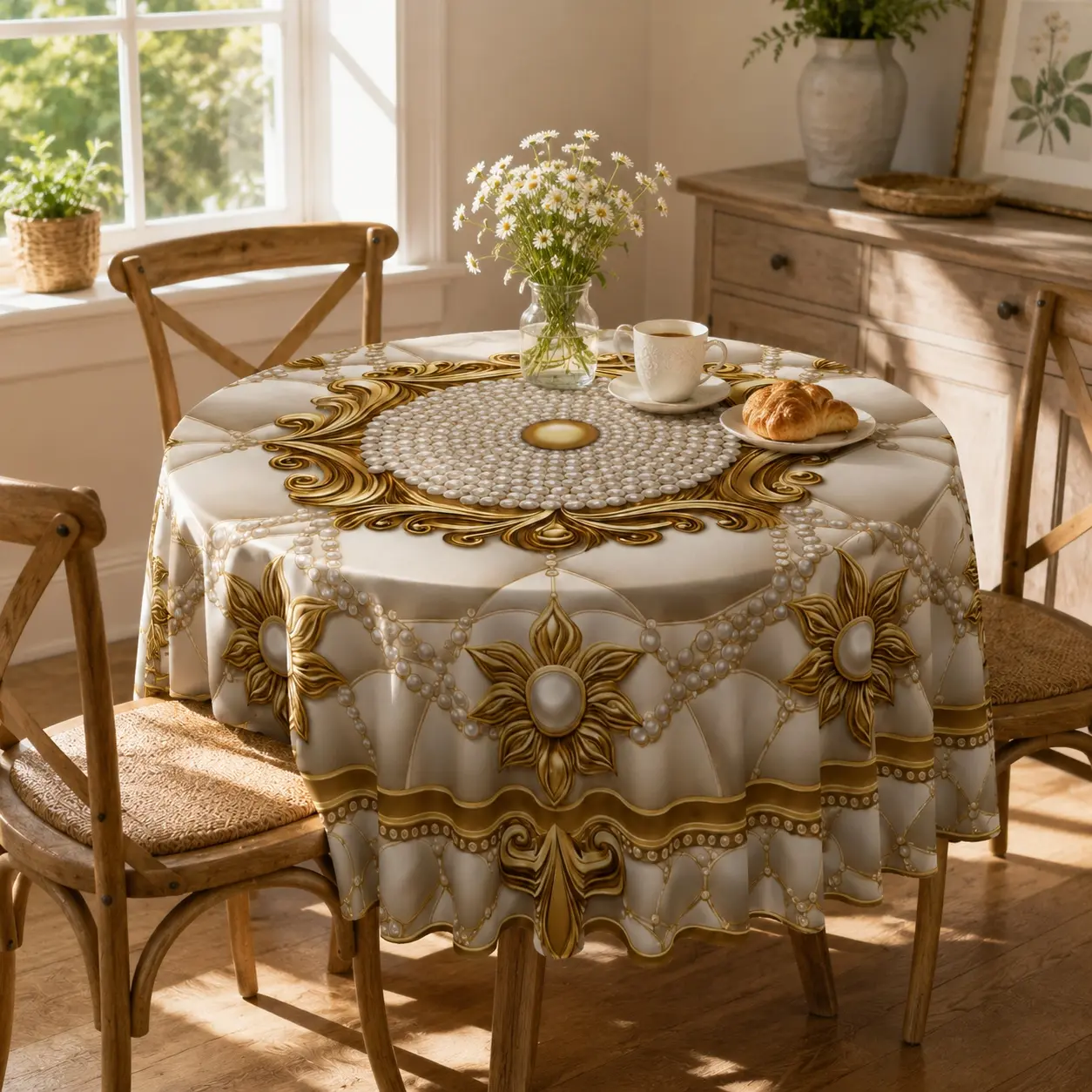 EastJia 1pc Machine-Made Polyester Classic Round Decorative Tablecloth - Glamour Magic Fashion Design, 2D Graphical Print, Diamond Golden Accents Floral Patterns, Durable, Easy to Clean, Ideal for Birthday & Colorful Festival Use, Home Party Supplies
