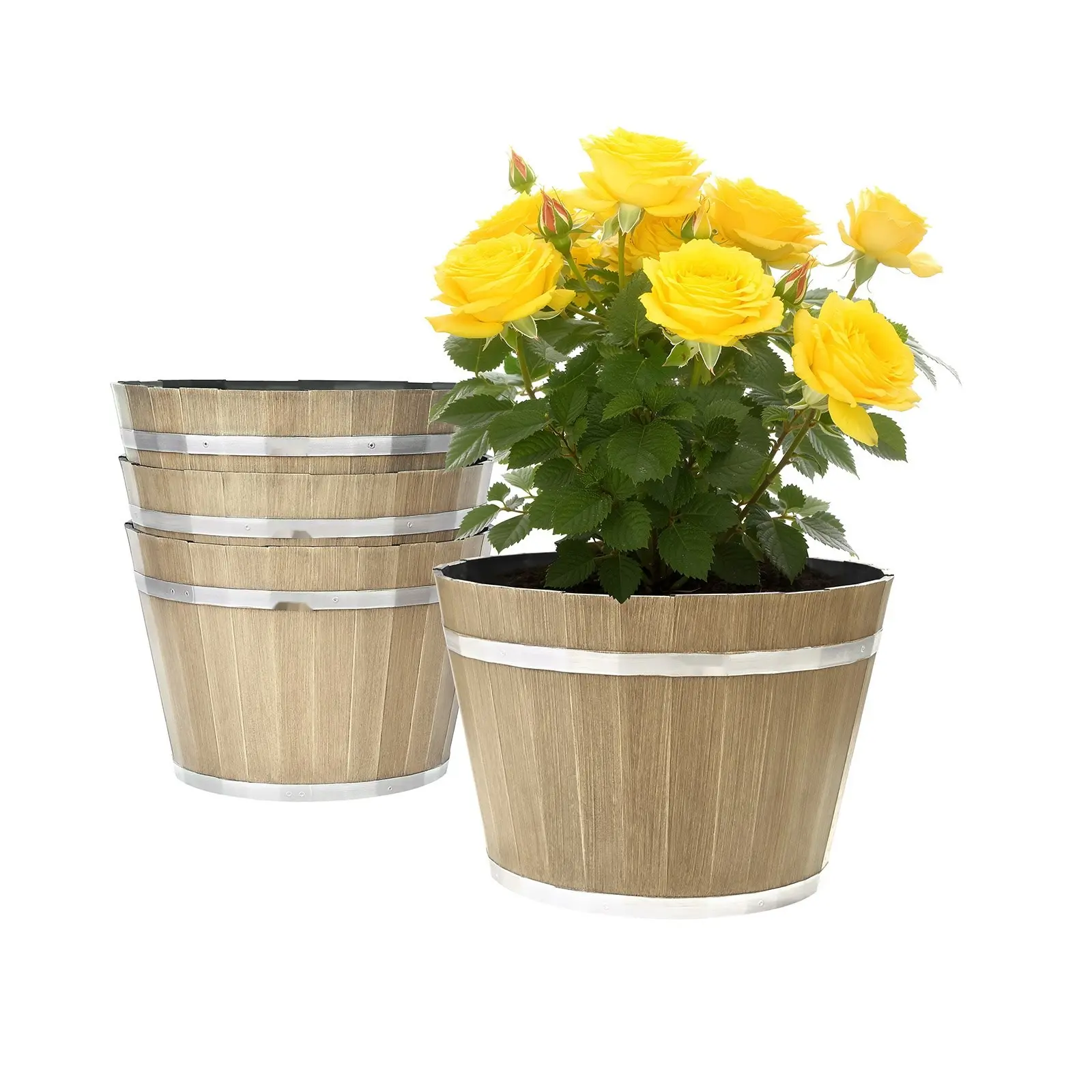 Resin Whiskey Barrel Planter For Garden And Patio, Decorative Barrel Shaped Flower Pot For Herbs And Flowers, Indoor Outdoor Use, Weather Resistant, Lightweight Durable Resin Construction, Measures 11.81 X 11.81 X 8.27 Inches