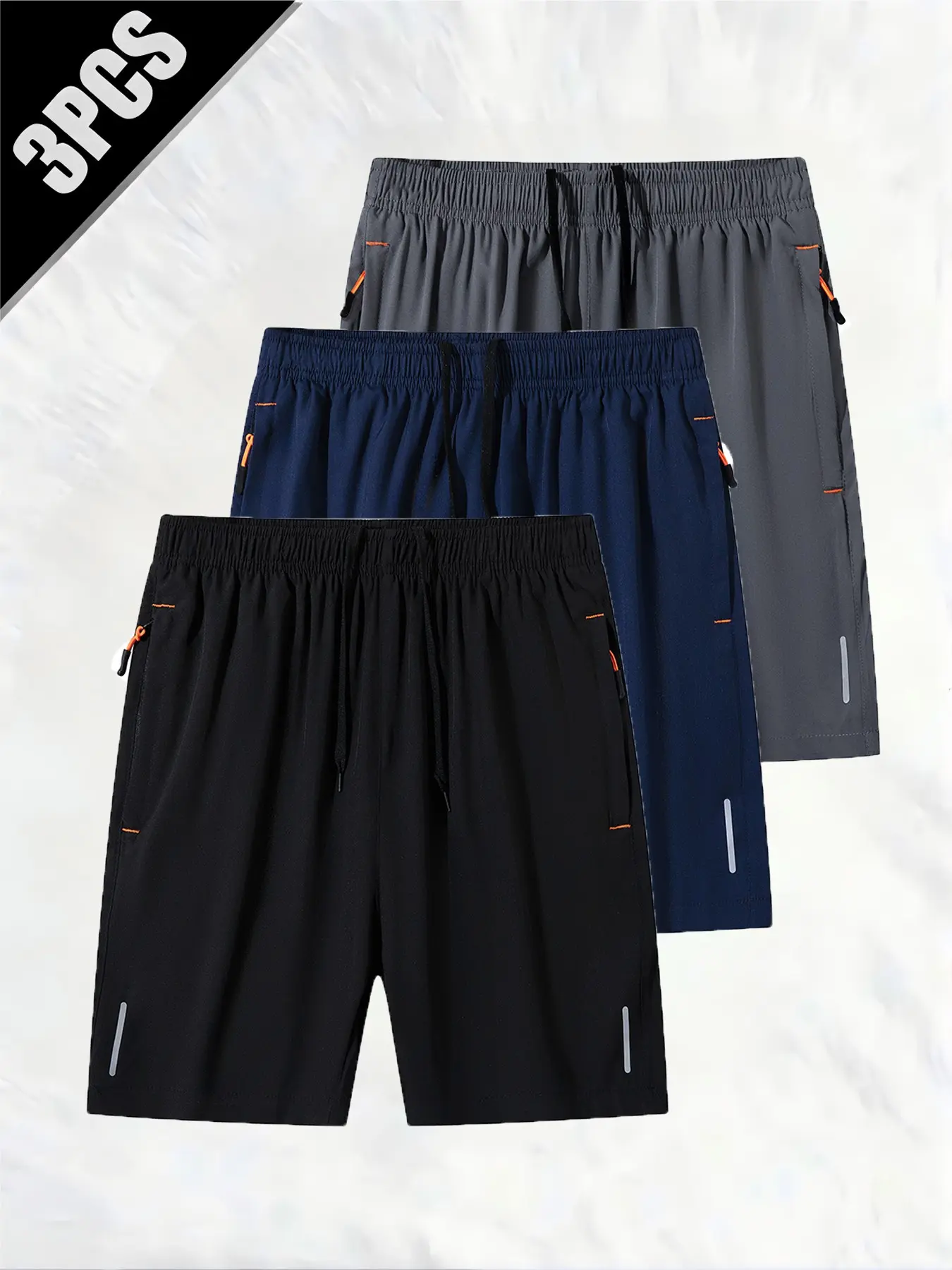 3pcs Men's Ice Silk Quick-Dry Gym Shorts, Zip Pocket, Lightweight Breathable, Summer Casual Basketball Reflective Shorts