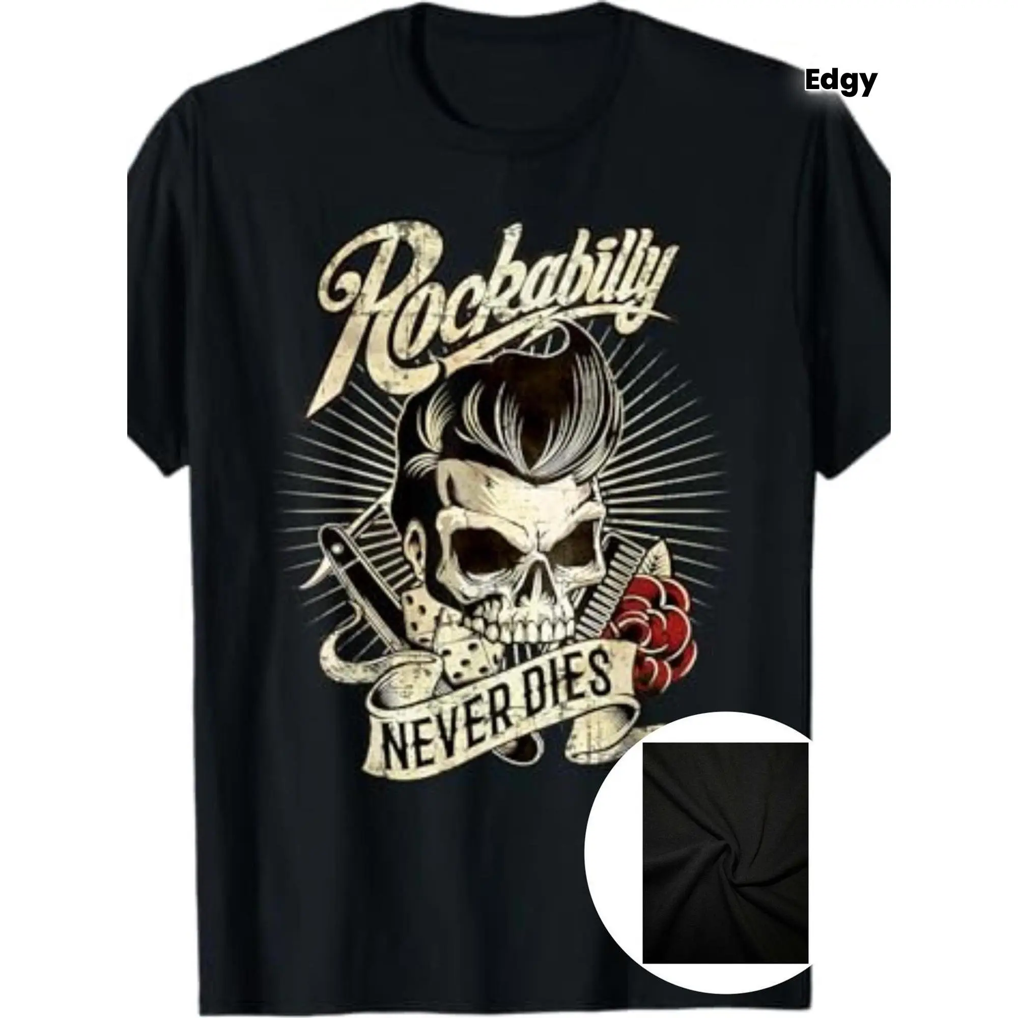 Men's Retro Rockabilly Skull and Scissors Pattern T-Shirt- 220gsm Heavyweight Cotton Crew Neck T-Shirt, Retro Design, Rockabilly Never Dies Print, Four Seasons Casual Streetwear, High-Quality Print, Casual Streetwear T-Shirt with Bold Pattern, Comfor