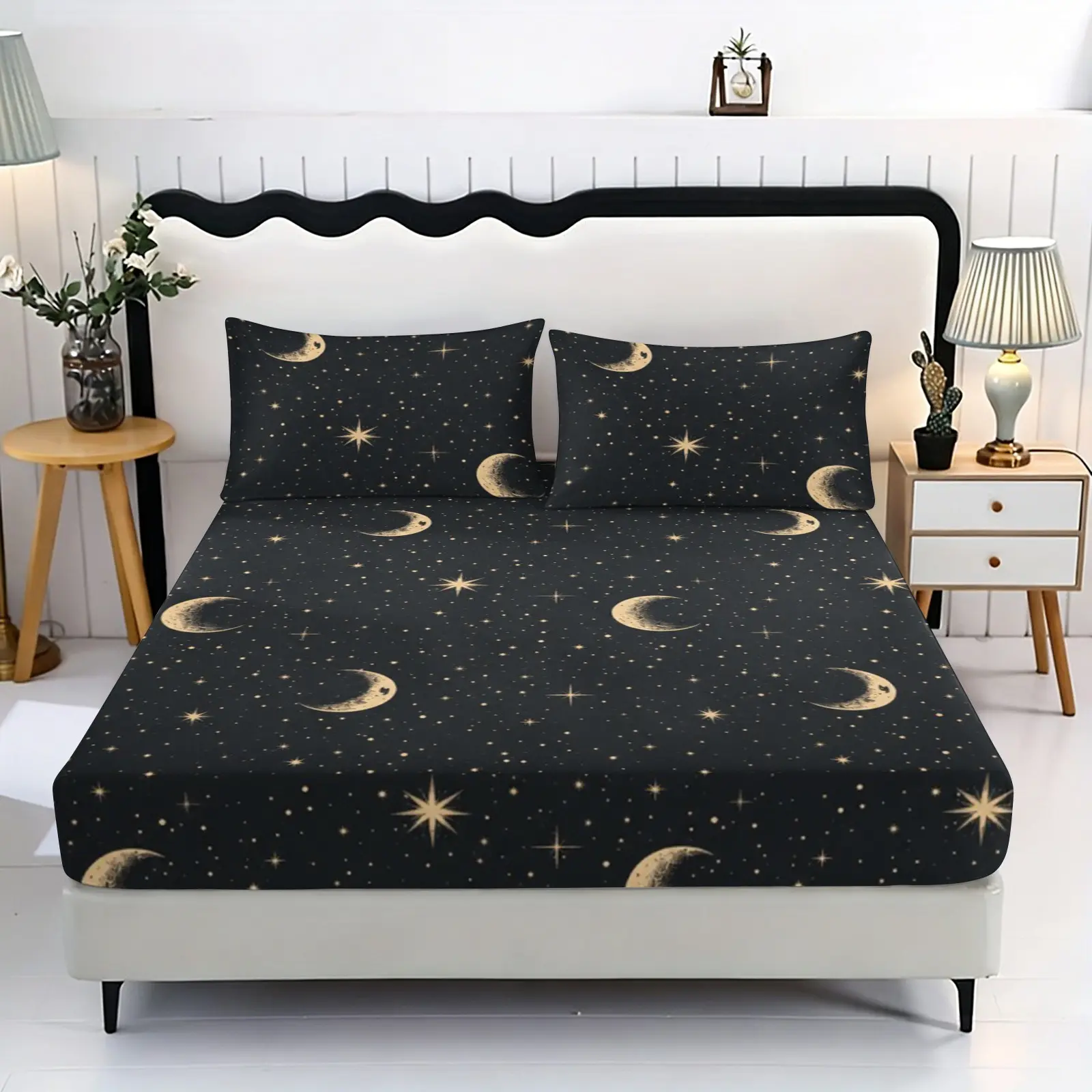 3 pieces of gold crescent and star pattern printed theme bedding set (1 bed cover + 2 pillowcases, without filling material), a gift for friends, suitable for single beds, double beds, bedrooms, dormitories, guest rooms and hotel apartments