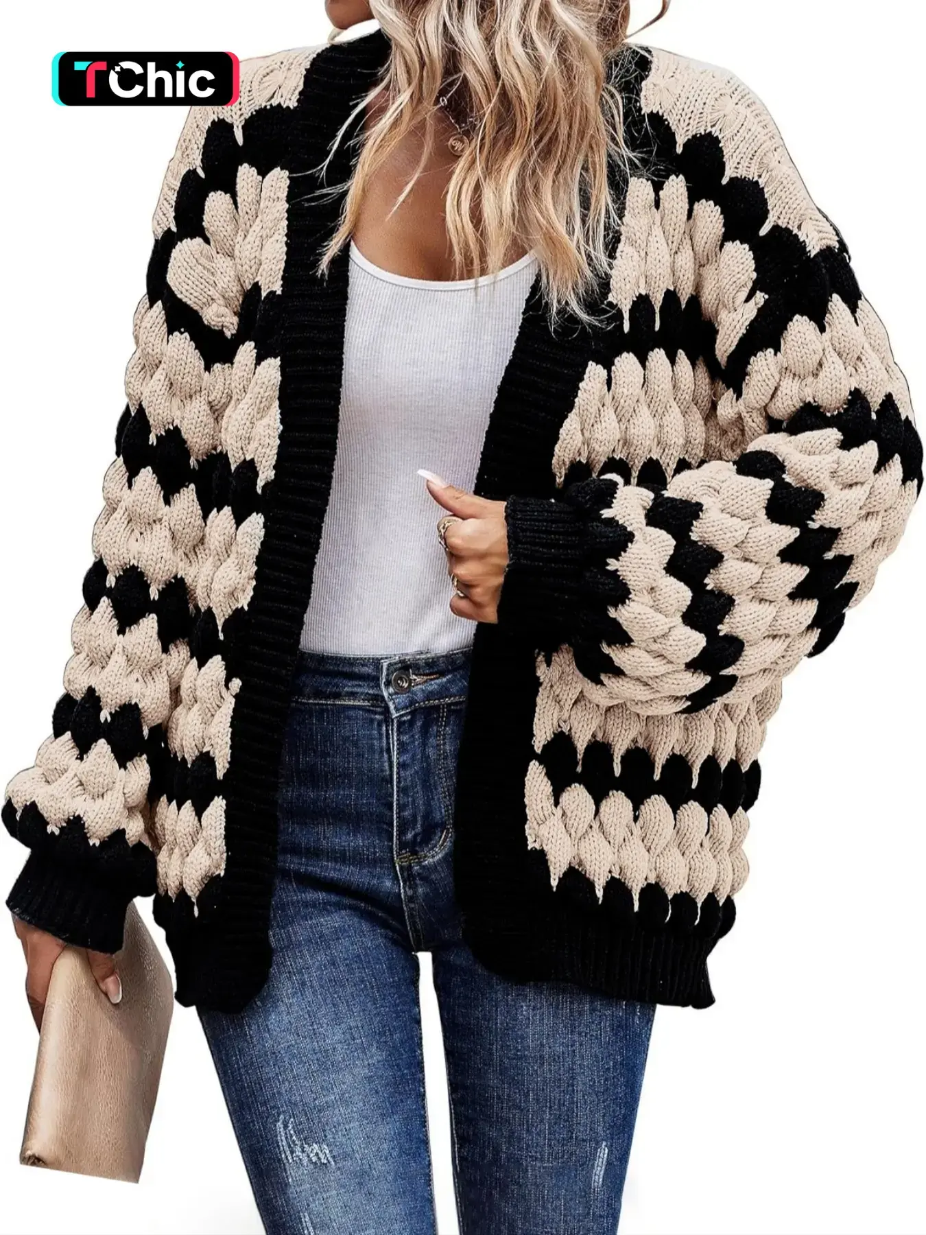 Women's Colorblock Drop Shoulder Cardigan, Casual Long Sleeve Open Front Knitwear for Fall & Winter, Fashion Women's Knit Clothing for Daily Wear, Loose-Fit