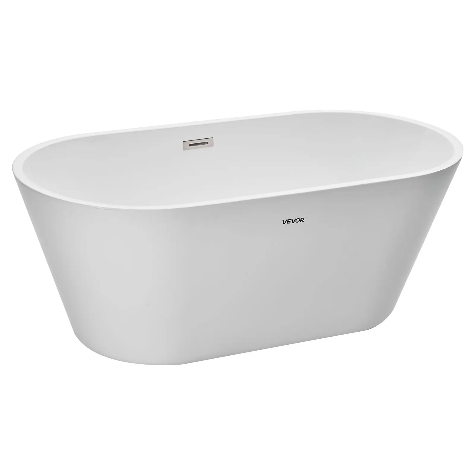 VEVOR Acrylic Freestanding Bathtub, 59-Inch Contemporary Oval White Tub with Brushed Nickel Overflow & Drain, Deep Soaking Space, Ergonomic Neck-Shoulder Support, Seamless 1-Piece Base, Easy to Clean for Modern Bathroom Remodel Projects