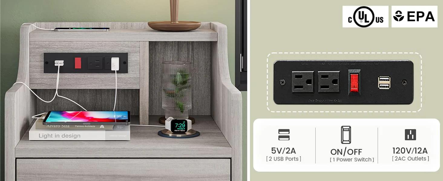 Sikaic Grey Nightstand with 3 Drawers & Charging Station Modern Bedside Table 2 USB Ports 2 Outlets for Phones Tablets Ideal for Bedroom Essentials