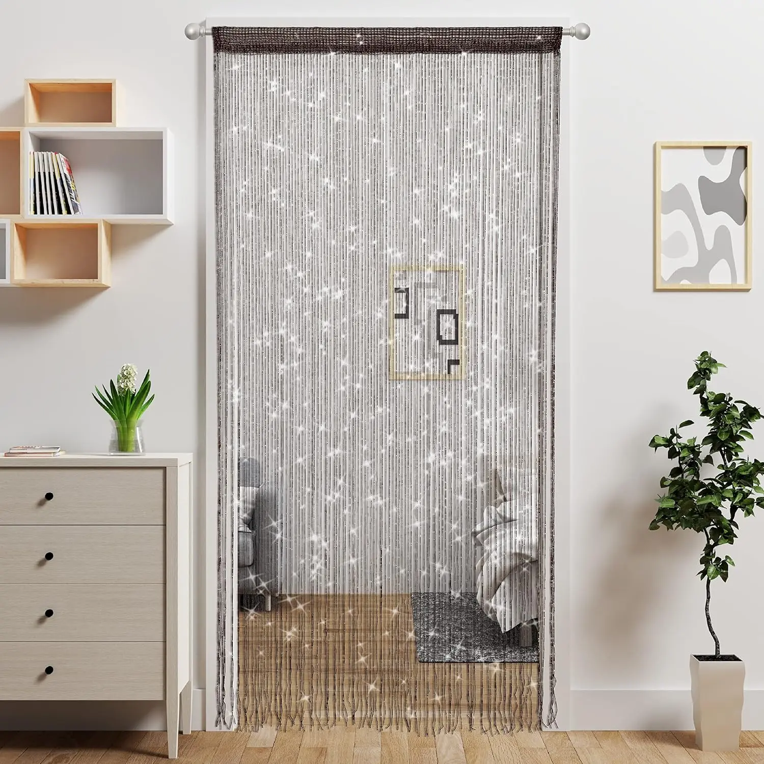 100x200cm Polyester Coffee Beaded String Curtain - Glitter Fringe, Sequin Sheer Tassel, Rod Pocket Sheer Fabric Curtains and Nettings, Hanging Room Divider for Bedroom, Home Office Home Decoration Supplies