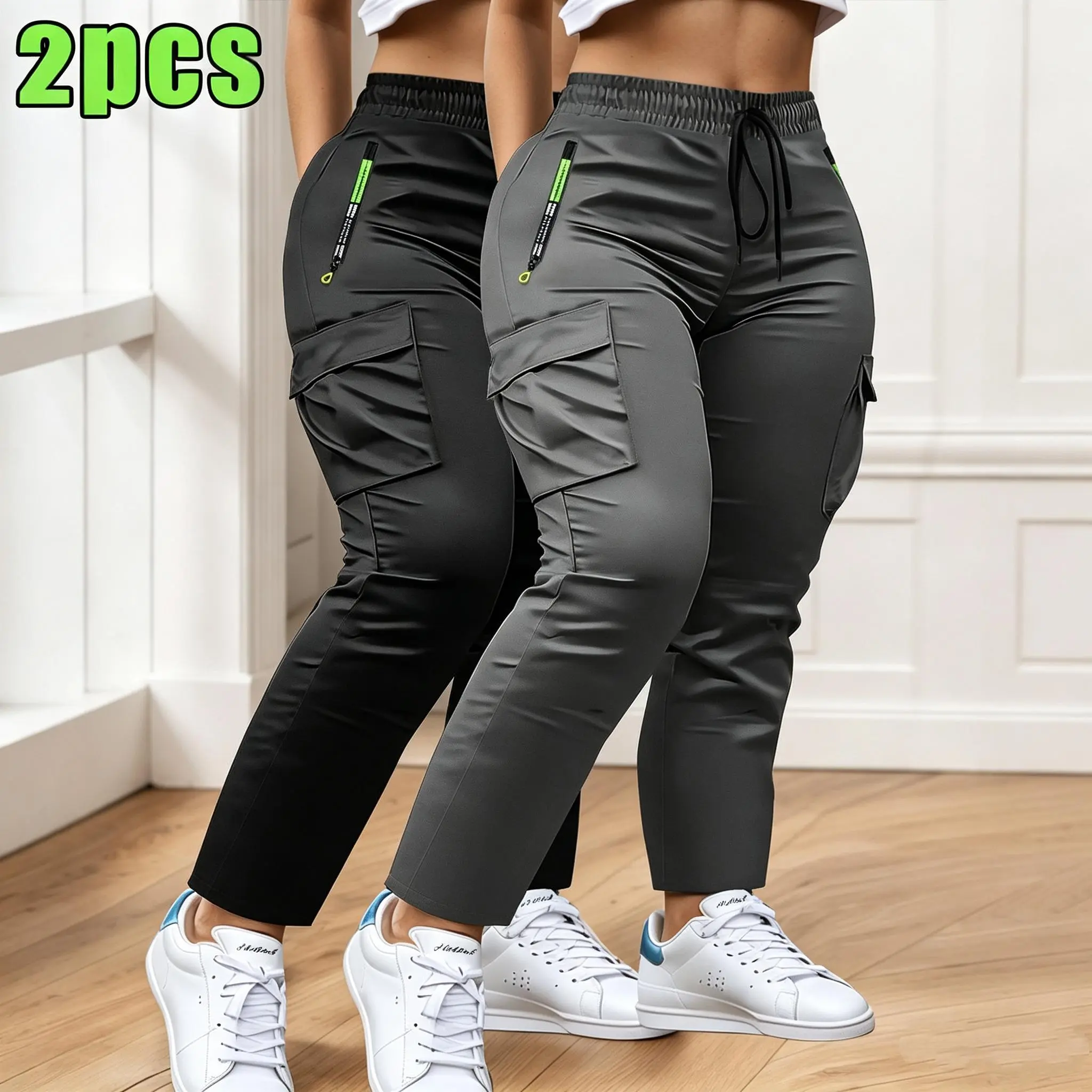 Ladies' 2-pack multi pocket workwear casual sports pants Drawstring elastic waist zipper pocket outdoor hiking pants Lightweight, breathable, loose fitting, ankle binding fitness running pants