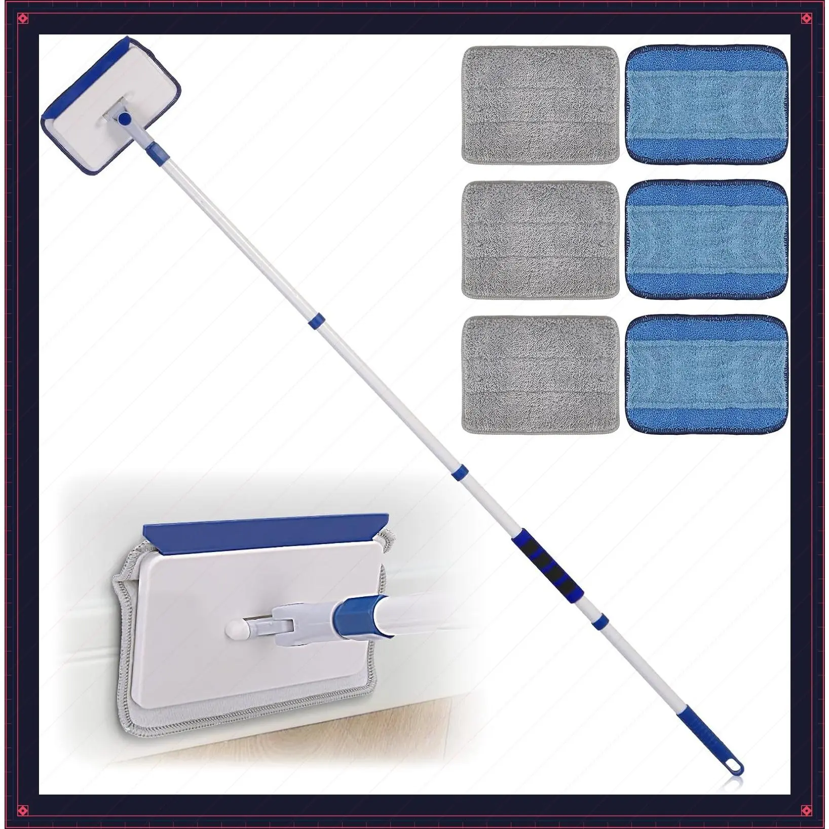 Baseboard Cleaner Tool with Extendable Long Handle, Wall and Floor Mop Duster with 6 Reusable Pads for Cleaning Windows, Floors, Skirting Boards, Ceiling, Shower, Tub Tile, KitchenGift