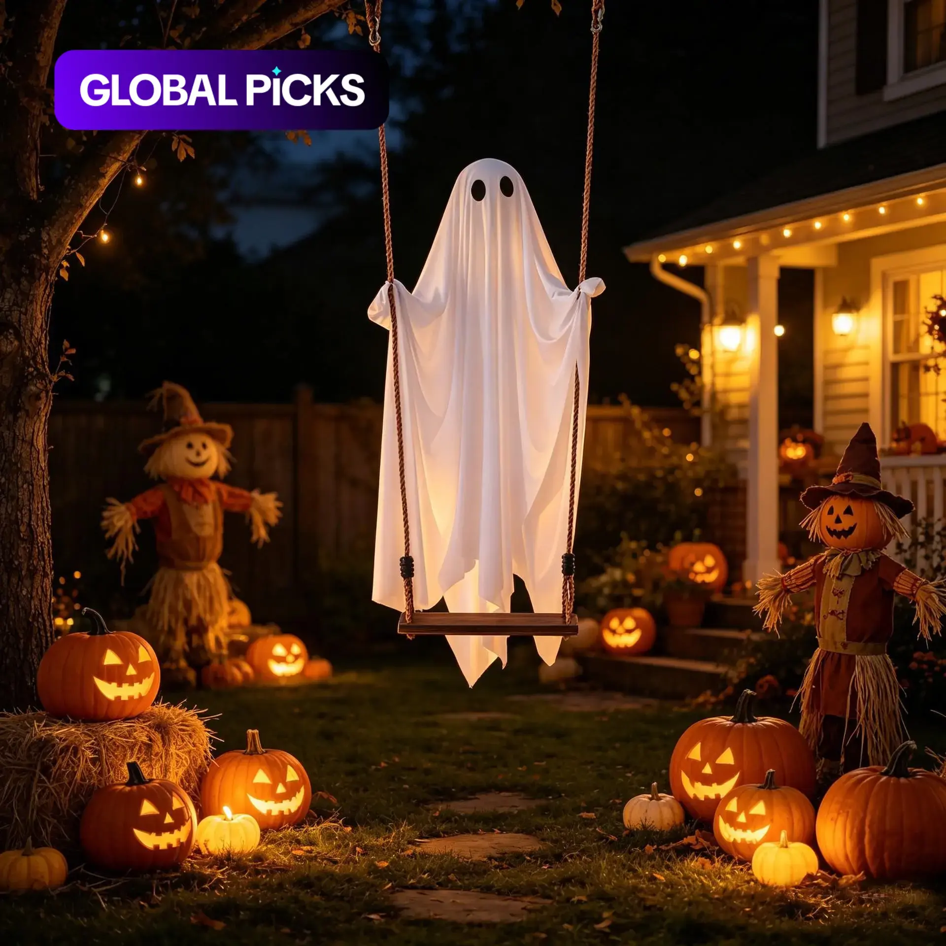 Halloween Outdoor Decoration, Cute Ghost Decor, Hanging Ghost Swing with Remote Control Light String, Suitable for Porch, Courtyard, Garden and Lawn #GLOBAL PICKS