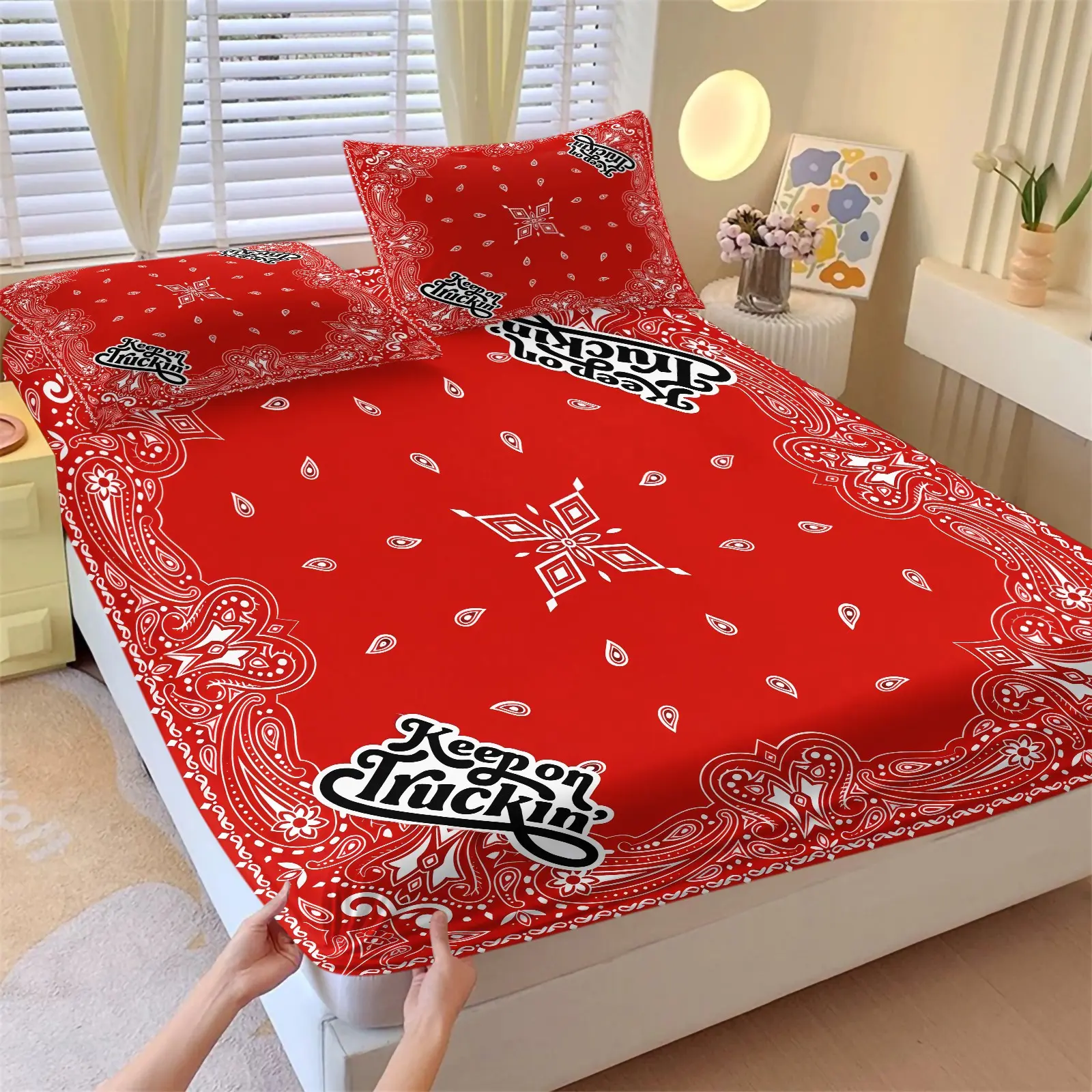 3PCS Red Paisley Keep On Truckin Bandana Print Fitted Sheet Set (1 Fitted Sheet + 2 Pillowcases), Soft Comfortable Breathable Wrinkle Resistant Skin-Friendly Fabric, Deep Pocket Anti-Slip Full Wrap Design, Retro Trucker Letter Bedding For Bedroom & Dorm