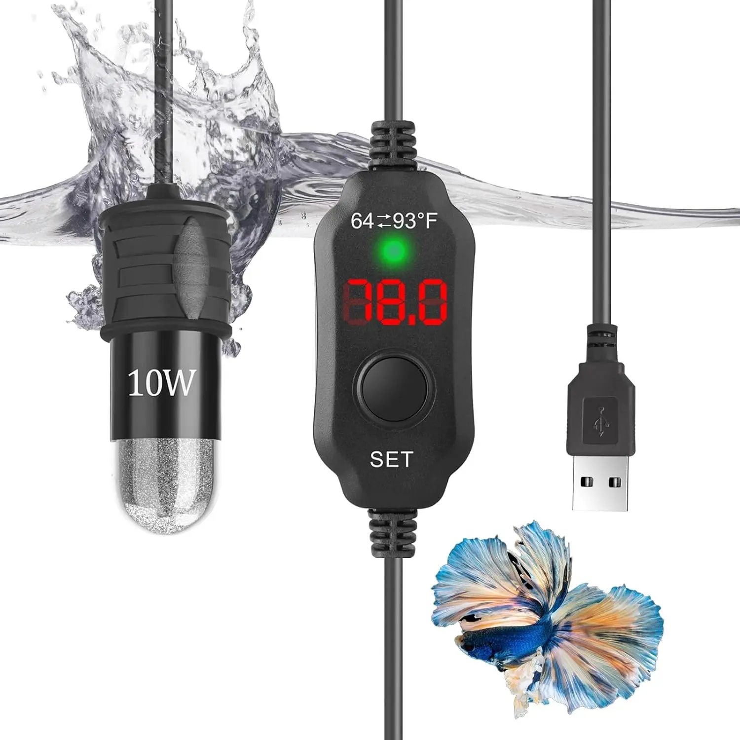 10W Mini Aquarium Heater for up to 1 Gallon Tanks, Super Small 5V/2A USB Fish Tank Heater with Digital Thermostat, Dry-Run & Overheat Protection, Memory Function