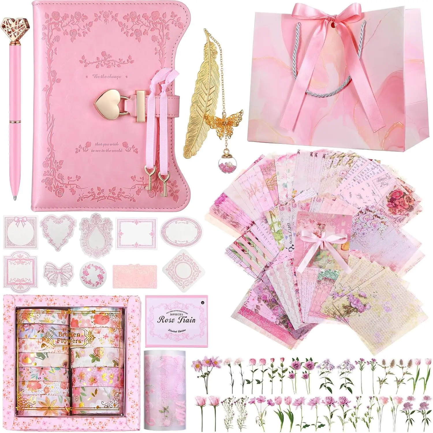 Janlaugh DIY Journal Diary with Lock Pack Scrapbook Kit Stationery Diary Supplies Art Crafts Kit for Birthday Holidays Ideal Gifts for Teen Girls(Pink,Classic)