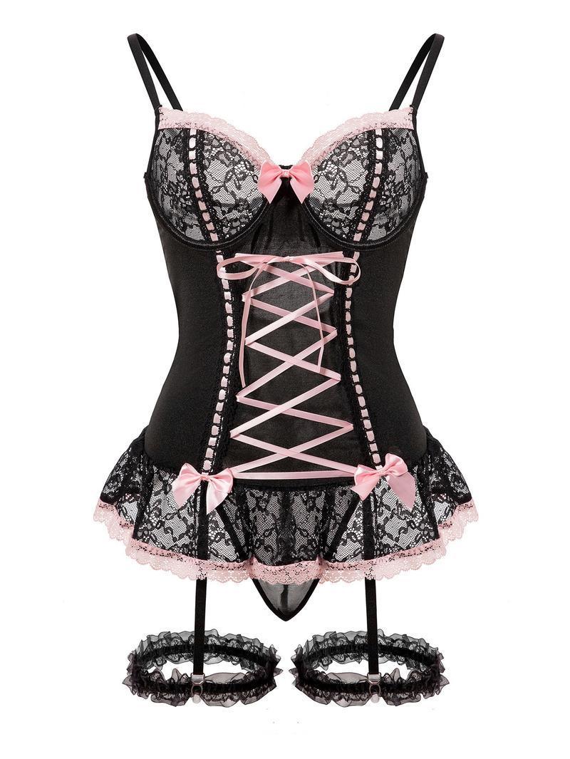 Women's Sexy Black & Pink Lace Corset Lingerie Set, Push-Up Bustier with Lace-Up Detail, Bow Accent Ruffle Hem Garter Belt Lingerie, Perfect for Valentine's Day, Date Night & Romantic Occasions, Seductive Maid Style Intimates
