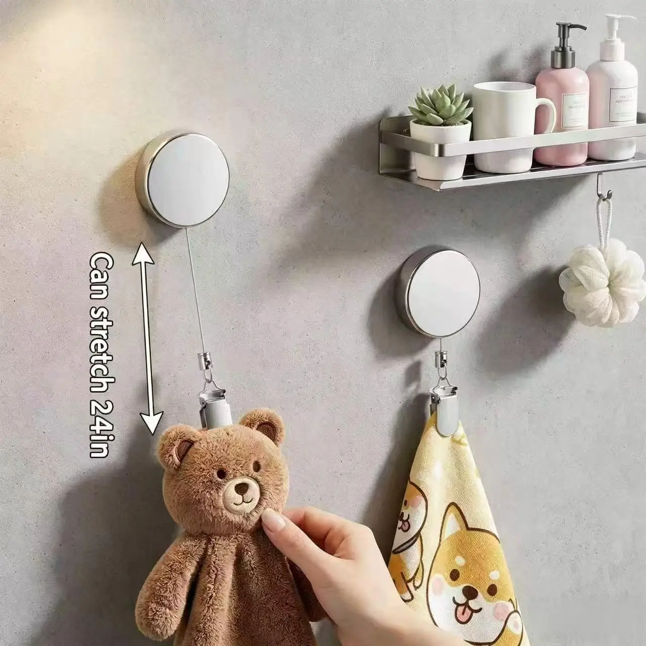 Hanging Tea Towel Clip,Metal Kitchen Towel Clip,with Retractable Rope,Suitable for Home Kitchen,Bathroom Cabinet(Silver 2PCS)