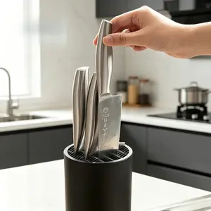 Premium Black Cylinder Knife Storage Block, Durable Plastic Kitchen Knife Stand, Multifunctional Countertop Organizer for Home, Kitchen & Western Cooking