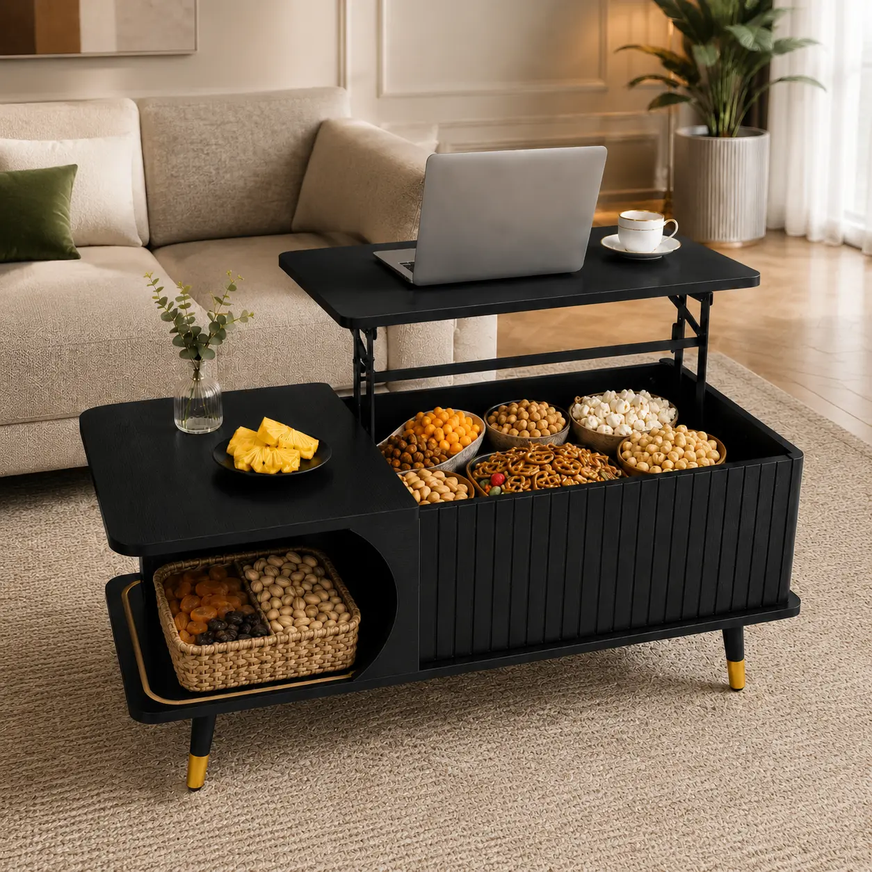 Littleox Wood Lift Top Coffee Table with Hidden Compartment and Large Storage Shelf, Lift Tabletop Dining Center Table for Home Living Room Office