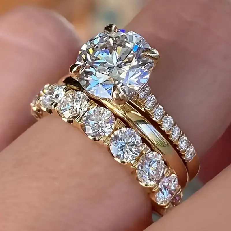 Elegant three-piece ring set with zircon inlay, elegant diamond ring DDJZ0041, wedding party matching ring 14KGold-Plated