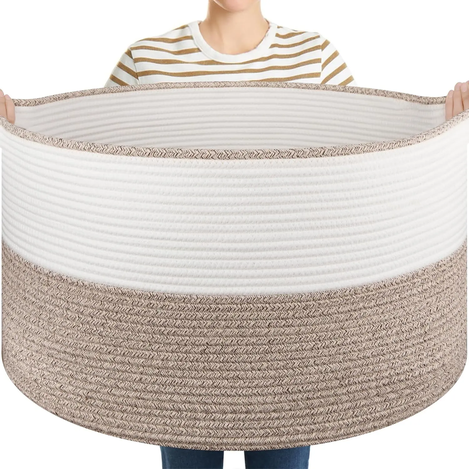 Large Woven Blanket Basket with Handles - 22.8" x 22.8" x 13" Cotton Rope Storage Basket for Living Room, Baby Toy Storage, Clothes, Pillows, Towels - Brown & White