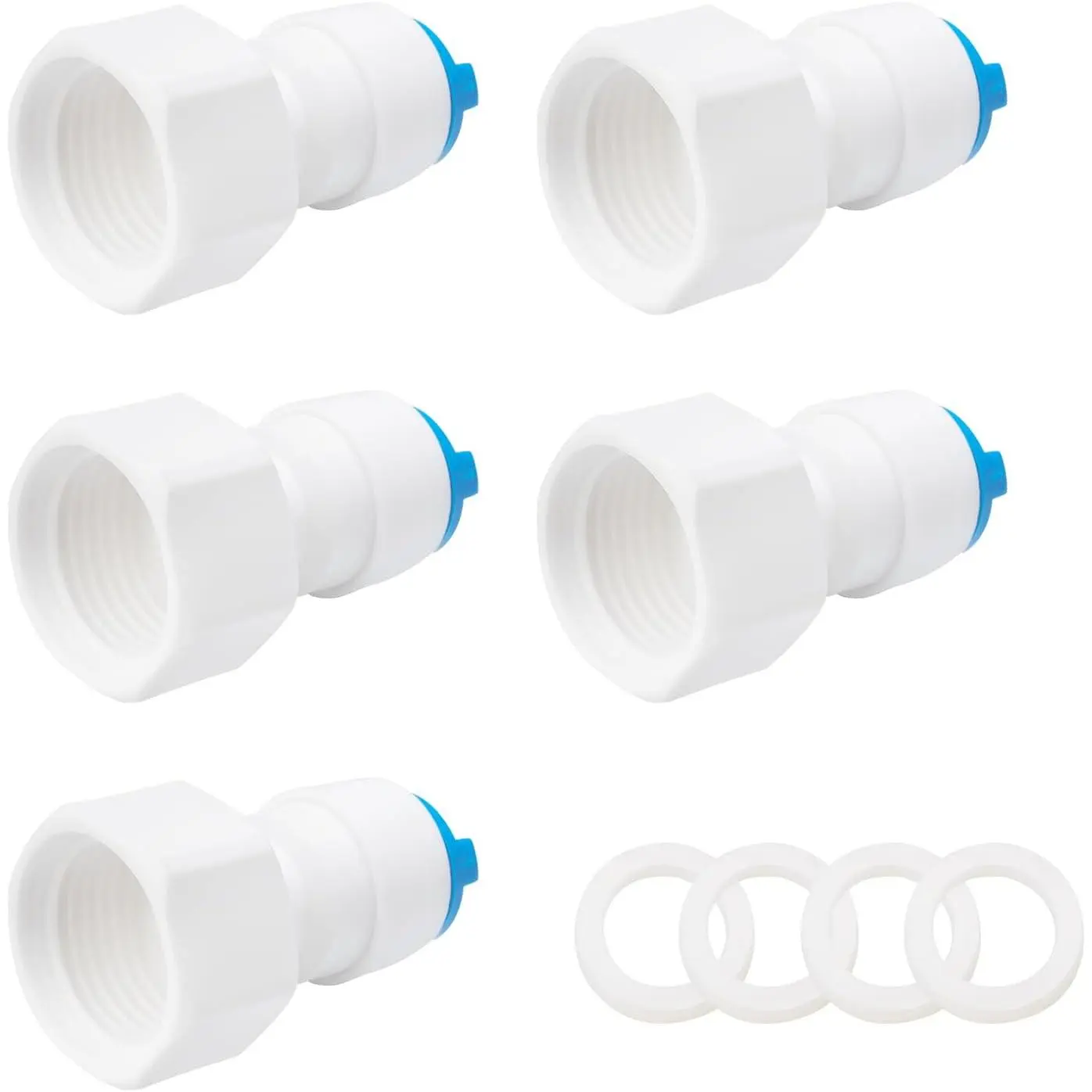 5-Pack Synthetic 1/2" Female Thread to 3/8" Quick-Connect Push Fit Connector Set, Leak-Proof Adapter with Rubber Rings, Click-In Grip for RO Water Systems (Fits 1/2" Threaded Ports, 3/8" Tubing)
