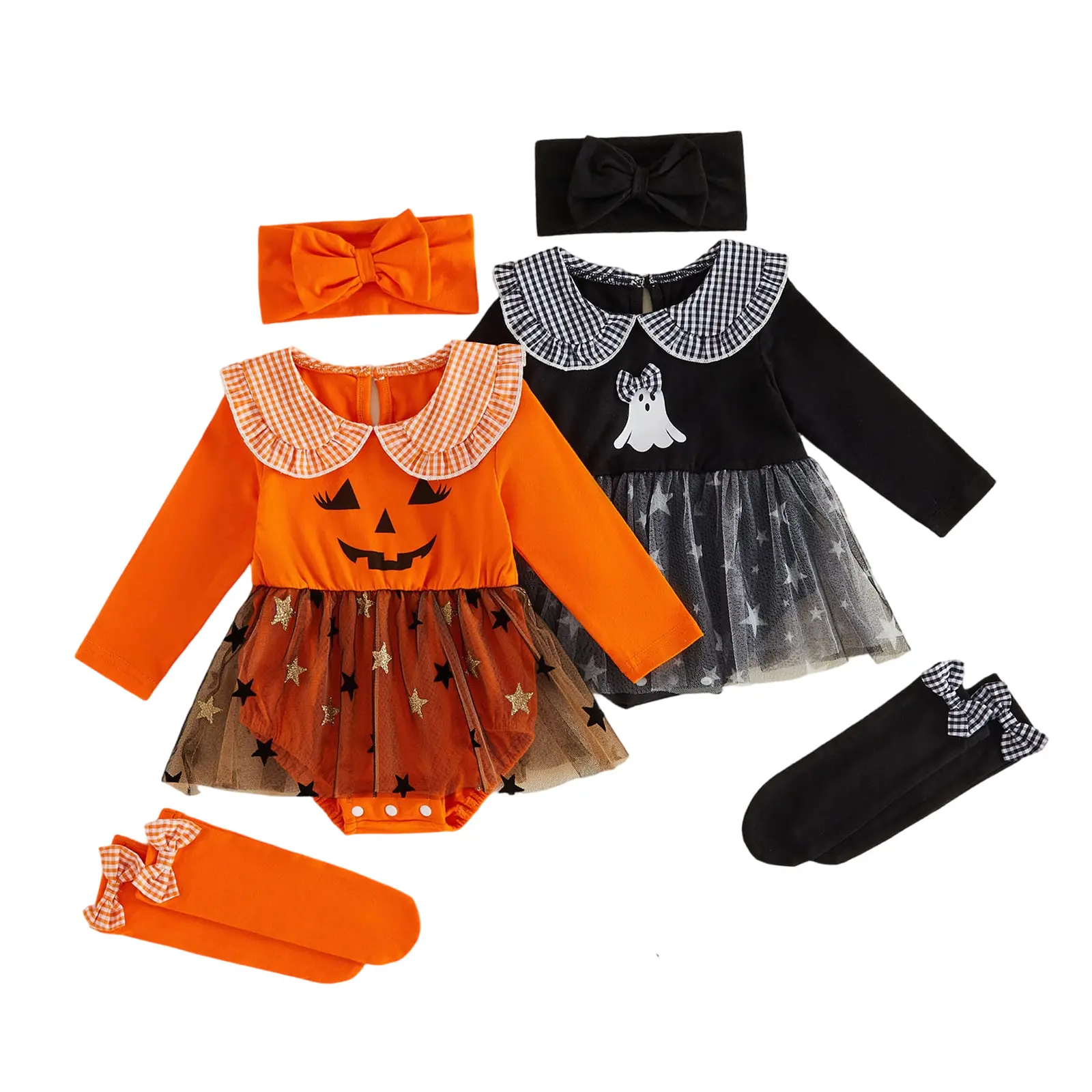 Canrulo 3Pcs Infant Baby Girl Halloween Outfit Pumpkin Face/Ghost Print Long Sleeve Romper Dress Headband Stockings Set 0-18 Months