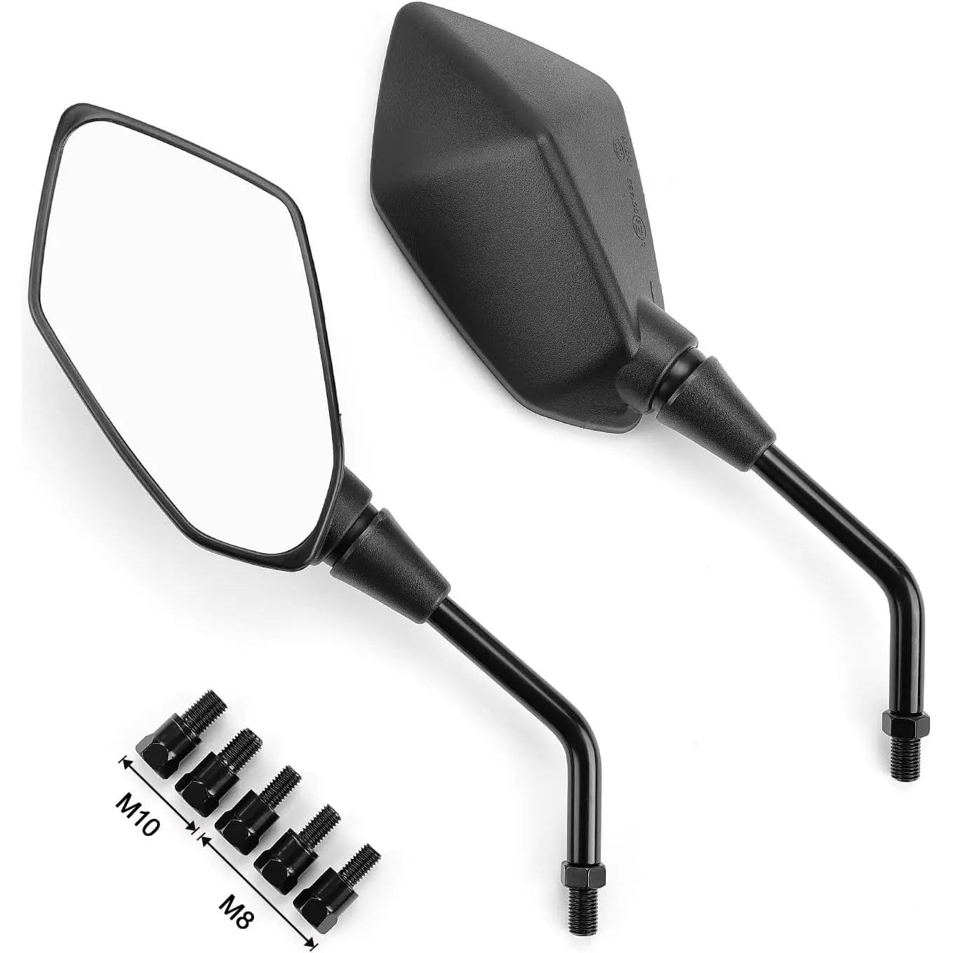 Sturdy Universal Convex Lens Motorcycle Side Mirrors - Adjustable ABS Shell, Stealth Look, M8-M10 Bolts, 360° Rotate, 11.5mm Stem, Compatible with Sports Bikes, Scooters, ATVs