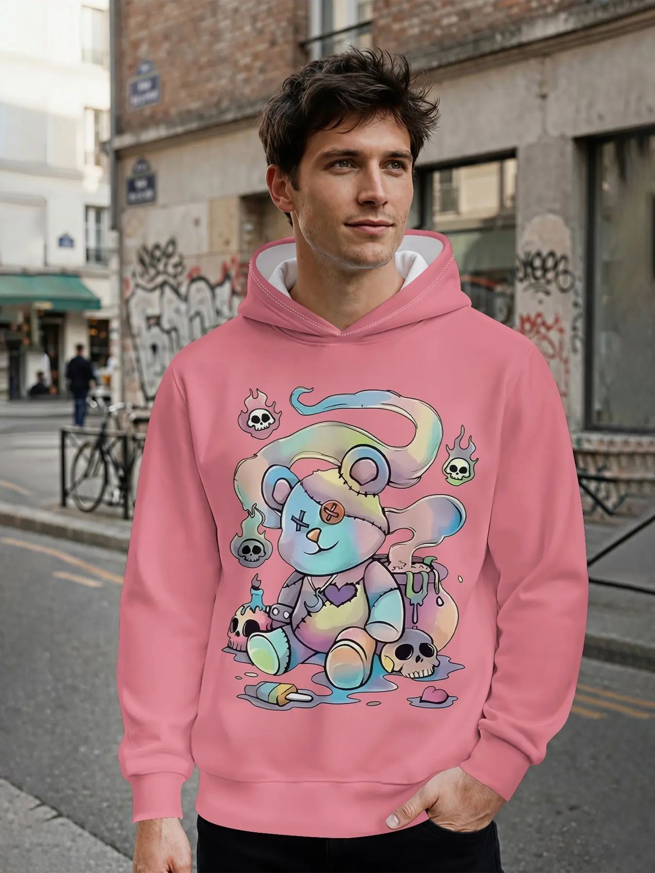 Men's Hoodie with Sweet-Cool Contrast Color Patch Bear & Skull Graffiti 3D Digital Print, All-Over Printed Design, Eye-Catching for Daily Street Looks and Music Festival Outfits, a Perfect Holiday Gift for Men