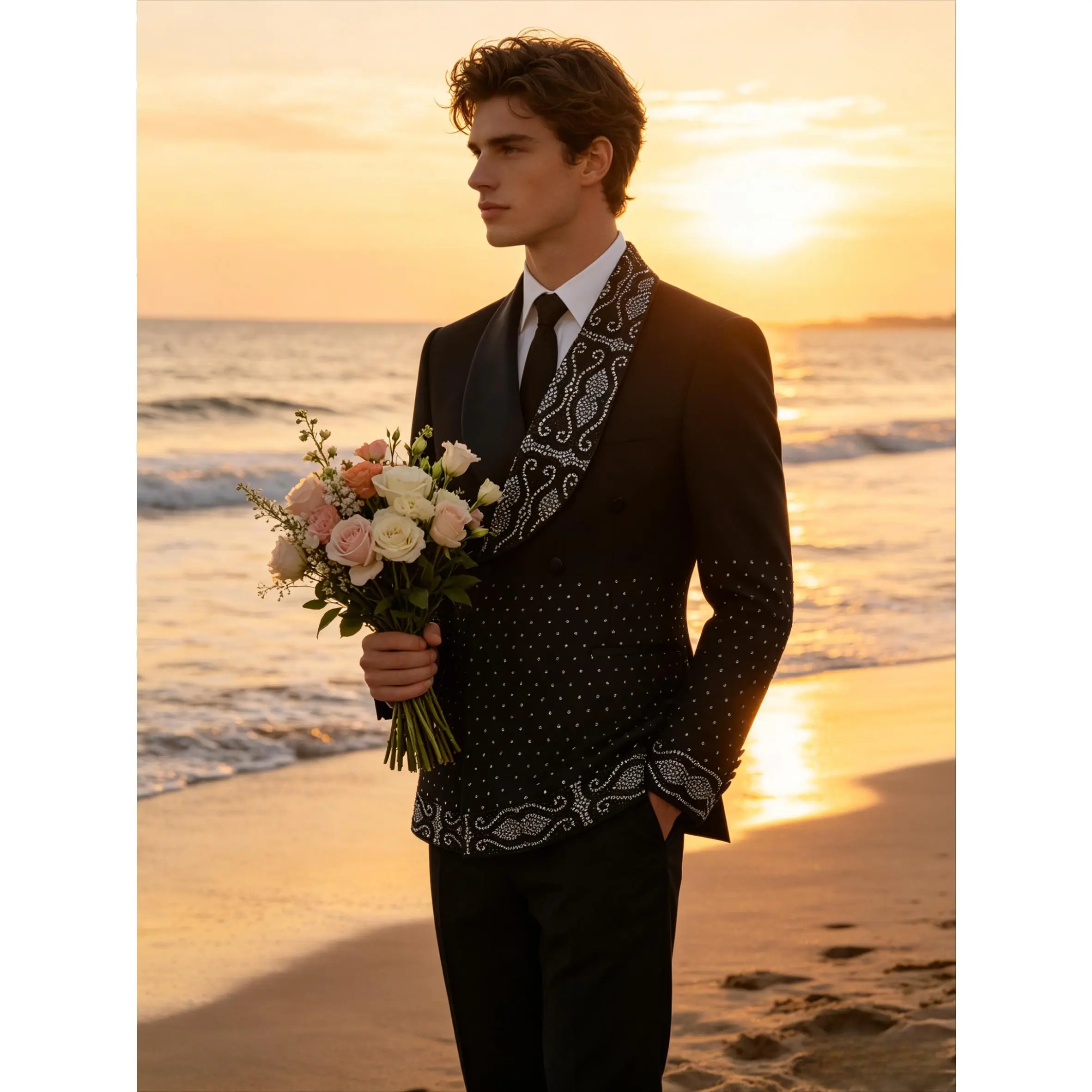 Men's 3-Piece Slim Fit Black Tuxedo Ready-to-Wear Set - Ornate Rhinestone Trim, Long Sleeve Shawl Lapel Jacket, Matching Tie, Pants, Rayon Fabric, Formal Evening Wear for Wedding, Work