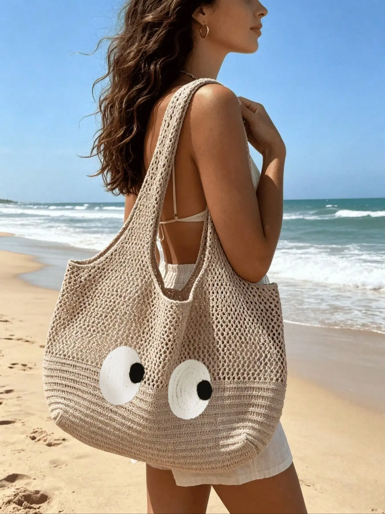 Women's Tote Bag, Cute Handmade Eye Decoration, Fashion Patterned Bag, Casual Large Capacity Knit Bag, Summer Beach Bag, Shoulder Bag, Travel Bag, Lunch Bag