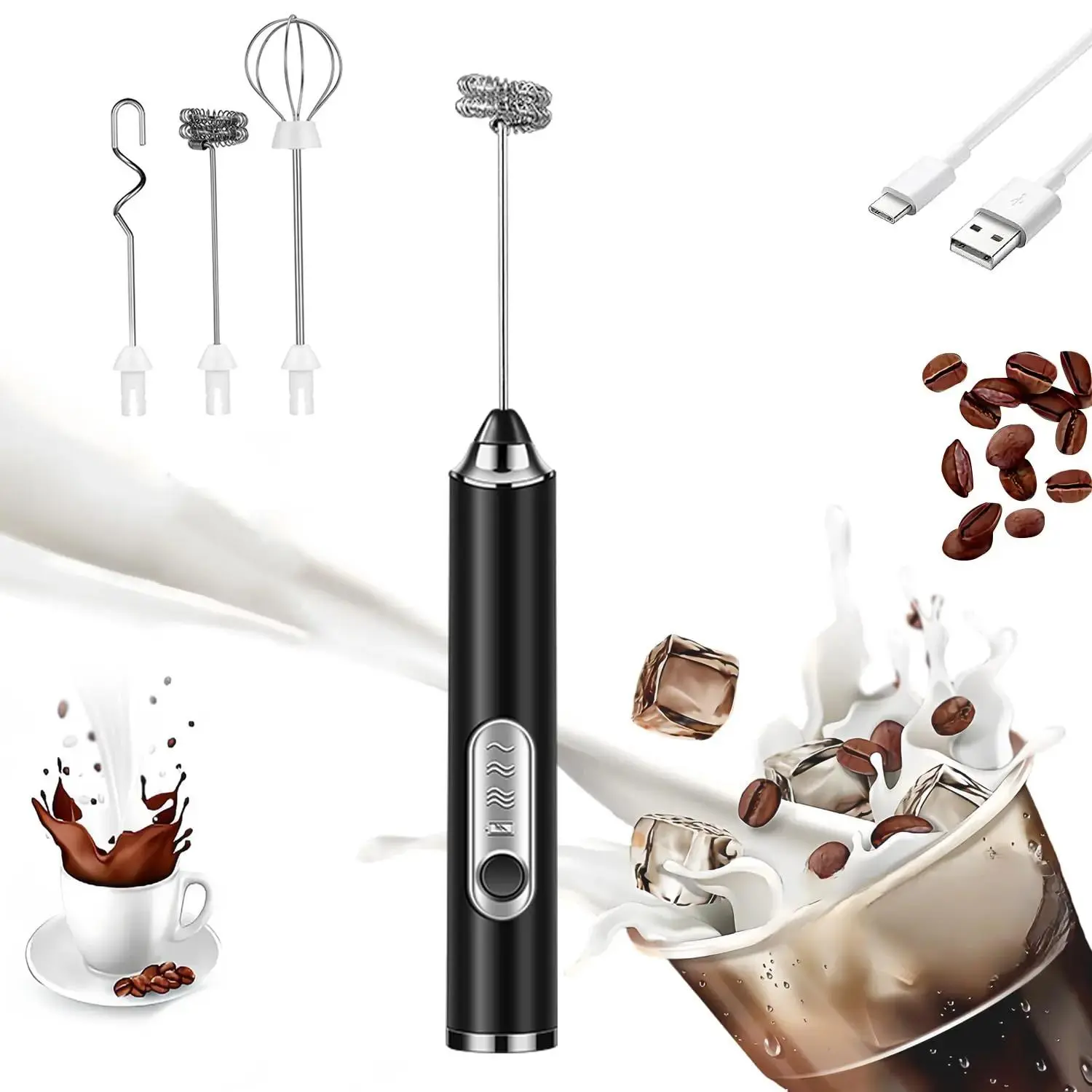 Rechargeable Milk Frother,Milk Frother Handheld with 3 Heads 3 Speeds,Coffee Mixer,Electric Milk Bubbler,Detachable Stainless Steel Whisk for Latte,Cappuccino,Matcha,Egg - Black/White